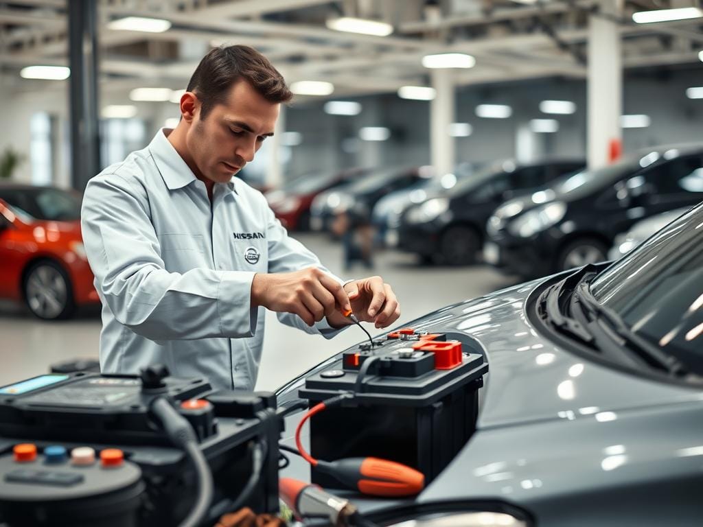 A Nissan car battery undergoing professional maintenance in a well-lit, spacious auto repair shop. The technician, wearing a clean uniform, carefully inspects the battery terminals, checking for corrosion and ensuring a secure connection. Specialized tools and diagnostic equipment are neatly arranged on a workbench, reflecting the attention to detail required for proper battery care. The background features rows of Nissan vehicles, showcasing the importance of maintaining these essential components for optimal performance and longevity. The scene conveys a sense of expertise, diligence, and a commitment to providing reliable Nissan battery maintenance services. A Nissan car battery undergoing professional maintenance in a well-lit, spacious auto repair shop. The technician, wearing a clean uniform, carefully inspects the battery terminals, checking for corrosion and ensuring a secure connection. Specialized tools and diagnostic equipment are neatly arranged on a workbench, reflecting the attention to detail required for proper battery care. The background features rows of Nissan vehicles, showcasing the importance of maintaining these essential components for optimal performance and longevity. The scene conveys a sense of expertise, diligence, and a commitment to providing reliable Nissan battery maintenance services.