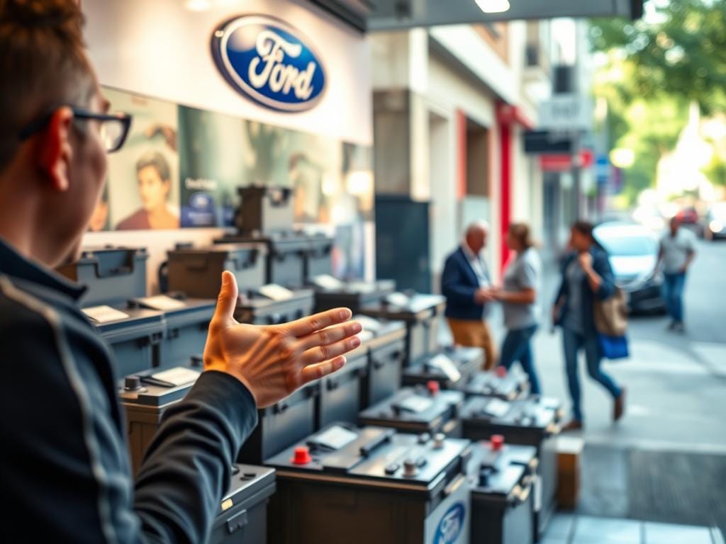 A bright and inviting storefront in the heart of Bogotá, Colombia, showcasing an array of Ford car batteries. The well-lit display features a variety of battery models, their metallic casings gleaming under warm, natural lighting. In the foreground, a helpful salesperson gestures towards the selection, their friendly demeanor inviting customers to explore the options. The mid-ground captures the bustling city street outside, with passersby reflecting the vibrant energy of the local neighborhood. The background subtly blurs, drawing the viewer's focus to the central display of Ford car batteries, ready to power the vehicles of Bogotá's drivers. A bright and inviting storefront in the heart of Bogotá, Colombia, showcasing an array of Ford car batteries. The well-lit display features a variety of battery models, their metallic casings gleaming under warm, natural lighting. In the foreground, a helpful salesperson gestures towards the selection, their friendly demeanor inviting customers to explore the options. The mid-ground captures the bustling city street outside, with passersby reflecting the vibrant energy of the local neighborhood. The background subtly blurs, drawing the viewer's focus to the central display of Ford car batteries, ready to power the vehicles of Bogotá's drivers.