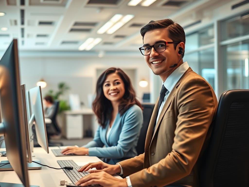 A brightly lit customer service office, with a warm and inviting atmosphere. The foreground showcases a cheerful, well-dressed customer service representative, engaging in a friendly conversation with a satisfied customer. In the middle ground, a modern, ergonomic workspace with sleek, high-quality equipment, conveying a sense of efficiency and professionalism. The background features a clean, minimalist design with accents of the company's brand colors, creating a cohesive and visually appealing environment. The lighting is soft and natural, casting a positive glow on the scene, and the camera angle is slightly elevated, giving a sense of approachability and accessibility. The overall image conveys an exceptional customer service experience, with a focus on attentive, personalized care and a commitment to meeting the client's needs. A brightly lit customer service office, with a warm and inviting atmosphere. The foreground showcases a cheerful, well-dressed customer service representative, engaging in a friendly conversation with a satisfied customer. In the middle ground, a modern, ergonomic workspace with sleek, high-quality equipment, conveying a sense of efficiency and professionalism. The background features a clean, minimalist design with accents of the company's brand colors, creating a cohesive and visually appealing environment. The lighting is soft and natural, casting a positive glow on the scene, and the camera angle is slightly elevated, giving a sense of approachability and accessibility. The overall image conveys an exceptional customer service experience, with a focus on attentive, personalized care and a commitment to meeting the client's needs.