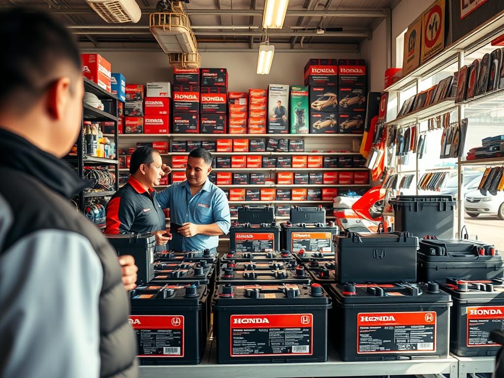 A bustling auto parts store in Bogotá, with a well-stocked display of genuine Honda batteries. Bright, natural lighting filters through the storefront windows, casting a warm glow on the neatly arranged products. In the foreground, a salesperson assists a customer, guiding them through the selection process. The middle ground showcases the battery inventory, each unit meticulously labeled with technical specifications. In the background, shelves lined with complementary automotive accessories create a sense of a comprehensive shopping experience. The overall atmosphere conveys a professional, customer-centric environment dedicated to providing high-quality Honda battery solutions. A bustling auto parts store in Bogotá, with a well-stocked display of genuine Honda batteries. Bright, natural lighting filters through the storefront windows, casting a warm glow on the neatly arranged products. In the foreground, a salesperson assists a customer, guiding them through the selection process. The middle ground showcases the battery inventory, each unit meticulously labeled with technical specifications. In the background, shelves lined with complementary automotive accessories create a sense of a comprehensive shopping experience. The overall atmosphere conveys a professional, customer-centric environment dedicated to providing high-quality Honda battery solutions.