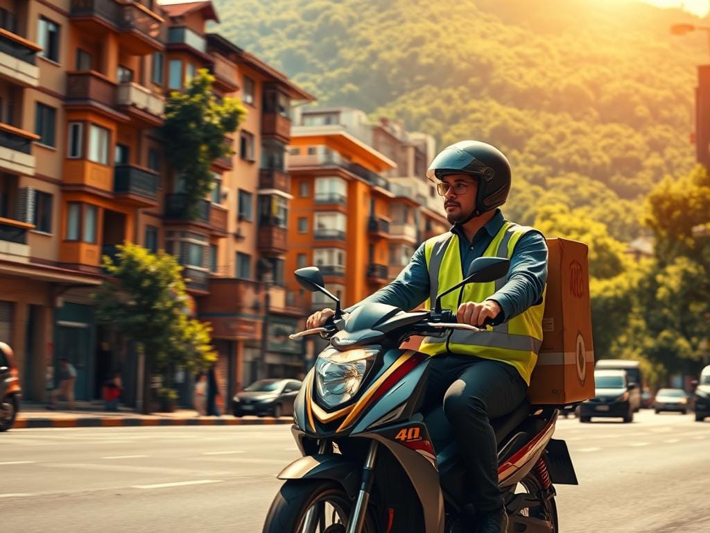 A bustling cityscape in Bogotá, Colombia, with a delivery person on a motorbike navigating the vibrant streets. The foreground features the rider, clad in a reflective vest and helmet, expertly maneuvering through the urban landscape. In the middle ground, rows of residential and commercial buildings, their facades in warm, earthy tones, create a sense of vibrancy. The background is filled with lush greenery, hinting at the city's proximity to nature. Sunlight casts a warm glow, illuminating the scene and creating a sense of energy and movement. The overall atmosphere is one of efficiency, service, and the seamless integration of modern delivery systems within the fabric of the city. A bustling cityscape in Bogotá, Colombia, with a delivery person on a motorbike navigating the vibrant streets. The foreground features the rider, clad in a reflective vest and helmet, expertly maneuvering through the urban landscape. In the middle ground, rows of residential and commercial buildings, their facades in warm, earthy tones, create a sense of vibrancy. The background is filled with lush greenery, hinting at the city's proximity to nature. Sunlight casts a warm glow, illuminating the scene and creating a sense of energy and movement. The overall atmosphere is one of efficiency, service, and the seamless integration of modern delivery systems within the fabric of the city.