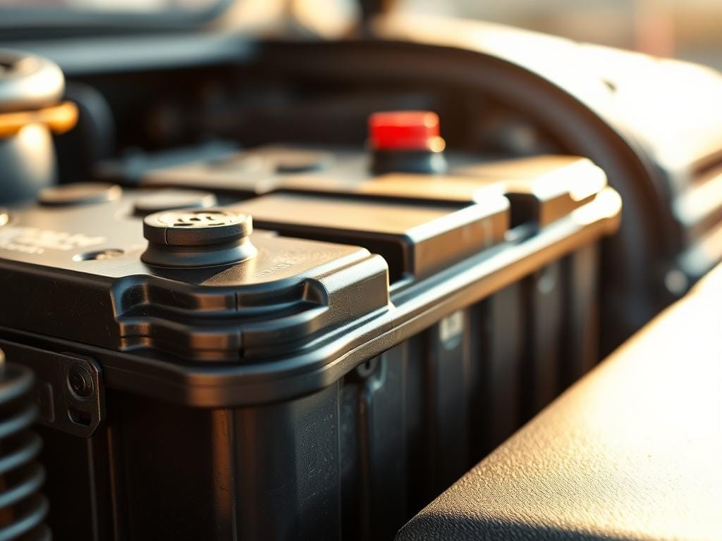 A close-up shot of a Jeep car battery, illuminated by warm, natural lighting that highlights the intricate details of the battery terminals and casing. The battery appears well-maintained, with clean, corrosion-free connections and a sturdy, vibrant casing. The background is slightly blurred, creating a sense of focus and depth, while the overall composition emphasizes the importance and functionality of the battery as a vital component of the Jeep's power system. The image conveys a sense of reliability, durability, and the need for proper battery care and maintenance. A close-up shot of a Jeep car battery, illuminated by warm, natural lighting that highlights the intricate details of the battery terminals and casing. The battery appears well-maintained, with clean, corrosion-free connections and a sturdy, vibrant casing. The background is slightly blurred, creating a sense of focus and depth, while the overall composition emphasizes the importance and functionality of the battery as a vital component of the Jeep's power system. The image conveys a sense of reliability, durability, and the need for proper battery care and maintenance.