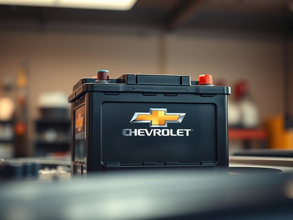 A close-up view of a high-quality Chevrolet car battery, illuminated by soft, warm lighting that accentuates its sleek, black metal casing and sturdy construction. The battery is positioned prominently in the foreground, with a blurred, textured background that suggests a clean, professional automotive workshop setting. The image captures the battery's essential role in powering a Chevrolet vehicle, conveying a sense of reliability, durability, and the importance of selecting the right battery for optimal performance and longevity. A close-up view of a high-quality Chevrolet car battery, illuminated by soft, warm lighting that accentuates its sleek, black metal casing and sturdy construction. The battery is positioned prominently in the foreground, with a blurred, textured background that suggests a clean, professional automotive workshop setting. The image captures the battery's essential role in powering a Chevrolet vehicle, conveying a sense of reliability, durability, and the importance of selecting the right battery for optimal performance and longevity.