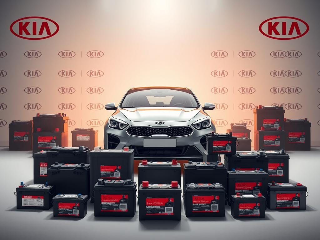 A comprehensive catalog of high-quality batteries for Kia vehicles, showcased against a meticulously detailed background. The foreground features an array of various battery models, their designs and specifications rendered with photorealistic precision. The middle ground depicts a sleek Kia car in a warm, studio-like lighting, highlighting the battery's compatibility. The background subtly incorporates Kia's branding elements, creating a cohesive and visually striking composition. The overall scene conveys a sense of professionalism, technical expertise, and the reliable performance of Kia's battery solutions. A comprehensive catalog of high-quality batteries for Kia vehicles, showcased against a meticulously detailed background. The foreground features an array of various battery models, their designs and specifications rendered with photorealistic precision. The middle ground depicts a sleek Kia car in a warm, studio-like lighting, highlighting the battery's compatibility. The background subtly incorporates Kia's branding elements, creating a cohesive and visually striking composition. The overall scene conveys a sense of professionalism, technical expertise, and the reliable performance of Kia's battery solutions.