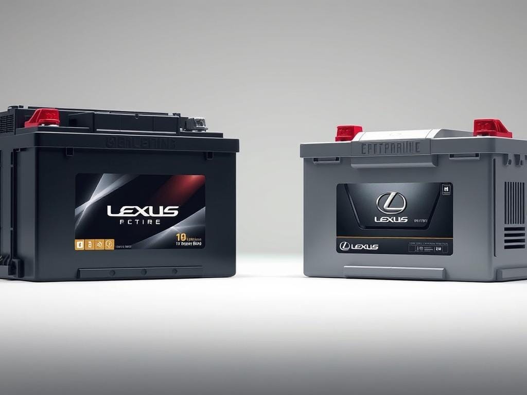 A detailed comparison of genuine Lexus car batteries and their alternative counterparts, captured in a high-quality, realistic illustration. The image showcases the batteries in a well-lit, studio-like setting, allowing the viewer to clearly examine and compare their physical attributes, such as size, shape, and labeling. The foreground prominently displays the two battery types, side by side, with a shallow depth of field to maintain focus on the central subjects. The background subtly fades into a neutral, uniform tone, keeping the attention on the batteries and their distinguishing features. The overall mood is one of technical precision and objectivity, suitable for the informative nature of the article section. A detailed comparison of genuine Lexus car batteries and their alternative counterparts, captured in a high-quality, realistic illustration. The image showcases the batteries in a well-lit, studio-like setting, allowing the viewer to clearly examine and compare their physical attributes, such as size, shape, and labeling. The foreground prominently displays the two battery types, side by side, with a shallow depth of field to maintain focus on the central subjects. The background subtly fades into a neutral, uniform tone, keeping the attention on the batteries and their distinguishing features. The overall mood is one of technical precision and objectivity, suitable for the informative nature of the article section.
