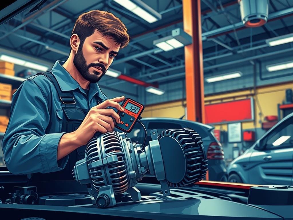 A detailed, high-quality illustration of a professional mechanic inspecting a car alternator in a well-lit automotive workshop. The mechanic is wearing overalls and using a voltmeter to test the alternator's functionality. The alternator is prominently displayed in the foreground, with the mechanic's hands and tools visible. The middle ground shows shelves of replacement parts and tools, while the background features other vehicles and equipment, conveying a busy, professional service environment. The overall mood is one of expertise, diligence, and the provision of thorough, trustworthy service. A detailed, high-quality illustration of a professional mechanic inspecting a car alternator in a well-lit automotive workshop. The mechanic is wearing overalls and using a voltmeter to test the alternator's functionality. The alternator is prominently displayed in the foreground, with the mechanic's hands and tools visible. The middle ground shows shelves of replacement parts and tools, while the background features other vehicles and equipment, conveying a busy, professional service environment. The overall mood is one of expertise, diligence, and the provision of thorough, trustworthy service.