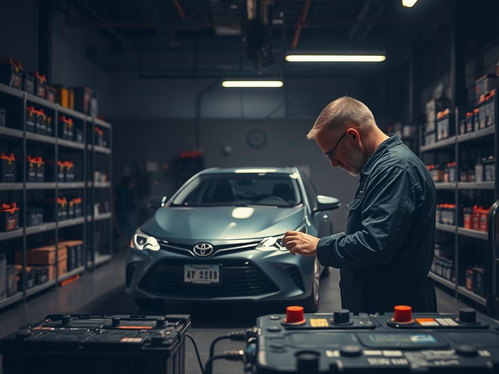 A dimly lit automotive workshop, with a Toyota sedan parked in the center. In the foreground, a mechanic meticulously inspects a car battery, checking its charge level and connections. Shelves line the walls, stocked with a variety of replacement batteries in their packaging. Overhead, a combination of warm and cool lighting casts a subtle glow, highlighting the intricate details of the workshop and the task at hand. The scene conveys a sense of professionalism and attention to detail, as the mechanic guides the customer through the battery replacement process. A dimly lit automotive workshop, with a Toyota sedan parked in the center. In the foreground, a mechanic meticulously inspects a car battery, checking its charge level and connections. Shelves line the walls, stocked with a variety of replacement batteries in their packaging. Overhead, a combination of warm and cool lighting casts a subtle glow, highlighting the intricate details of the workshop and the task at hand. The scene conveys a sense of professionalism and attention to detail, as the mechanic guides the customer through the battery replacement process.