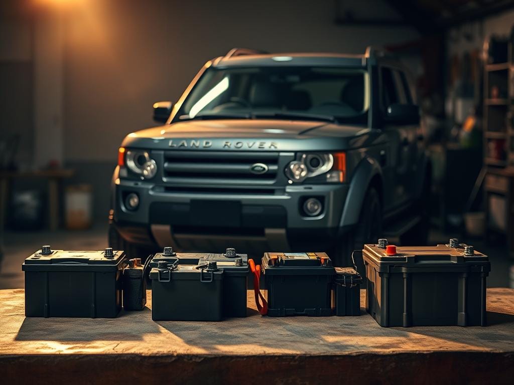 A dimly lit garage, the focal point being a well-maintained Land Rover, its sleek exterior gleaming under the warm, soft light. In the foreground, an array of car batteries in various sizes and shapes, neatly arranged on a sturdy workbench. The background is hazy, with shadows and tools suggesting a bustling automotive repair shop. The overall atmosphere is one of expertise and attention to detail, evoking a sense of professionalism and the importance of choosing the right battery for a Land Rover in Bogotá. The scene exudes a feeling of confidence and trust, setting the stage for the "Preguntas frecuentes antes de comprar" section. A dimly lit garage, the focal point being a well-maintained Land Rover, its sleek exterior gleaming under the warm, soft light. In the foreground, an array of car batteries in various sizes and shapes, neatly arranged on a sturdy workbench. The background is hazy, with shadows and tools suggesting a bustling automotive repair shop. The overall atmosphere is one of expertise and attention to detail, evoking a sense of professionalism and the importance of choosing the right battery for a Land Rover in Bogotá. The scene exudes a feeling of confidence and trust, setting the stage for the "Preguntas frecuentes antes de comprar" section.