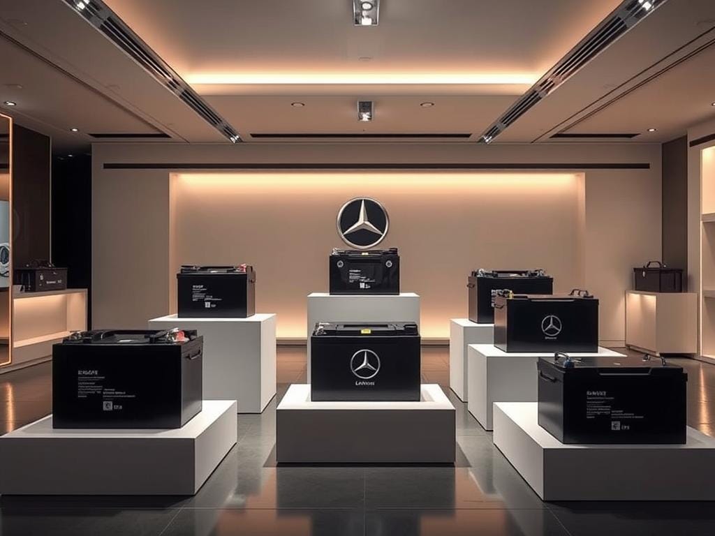 A high-end showroom showcasing premium car battery brands for luxury Mercedes-Benz vehicles. The space is meticulously designed with sleek, modern fixtures and soft, indirect lighting that casts a warm glow, creating an upscale, premium atmosphere. On display are several battery models from leading brands, each showcased on minimalist pedestals to highlight their quality and performance. The batteries feature intricate details, sharp edges, and glossy finishes that convey their advanced engineering and premium status. The overall scene exudes a sense of exclusivity and refinement, befitting the discerning Mercedes-Benz owner. A high-end showroom showcasing premium car battery brands for luxury Mercedes-Benz vehicles. The space is meticulously designed with sleek, modern fixtures and soft, indirect lighting that casts a warm glow, creating an upscale, premium atmosphere. On display are several battery models from leading brands, each showcased on minimalist pedestals to highlight their quality and performance. The batteries feature intricate details, sharp edges, and glossy finishes that convey their advanced engineering and premium status. The overall scene exudes a sense of exclusivity and refinement, befitting the discerning Mercedes-Benz owner.