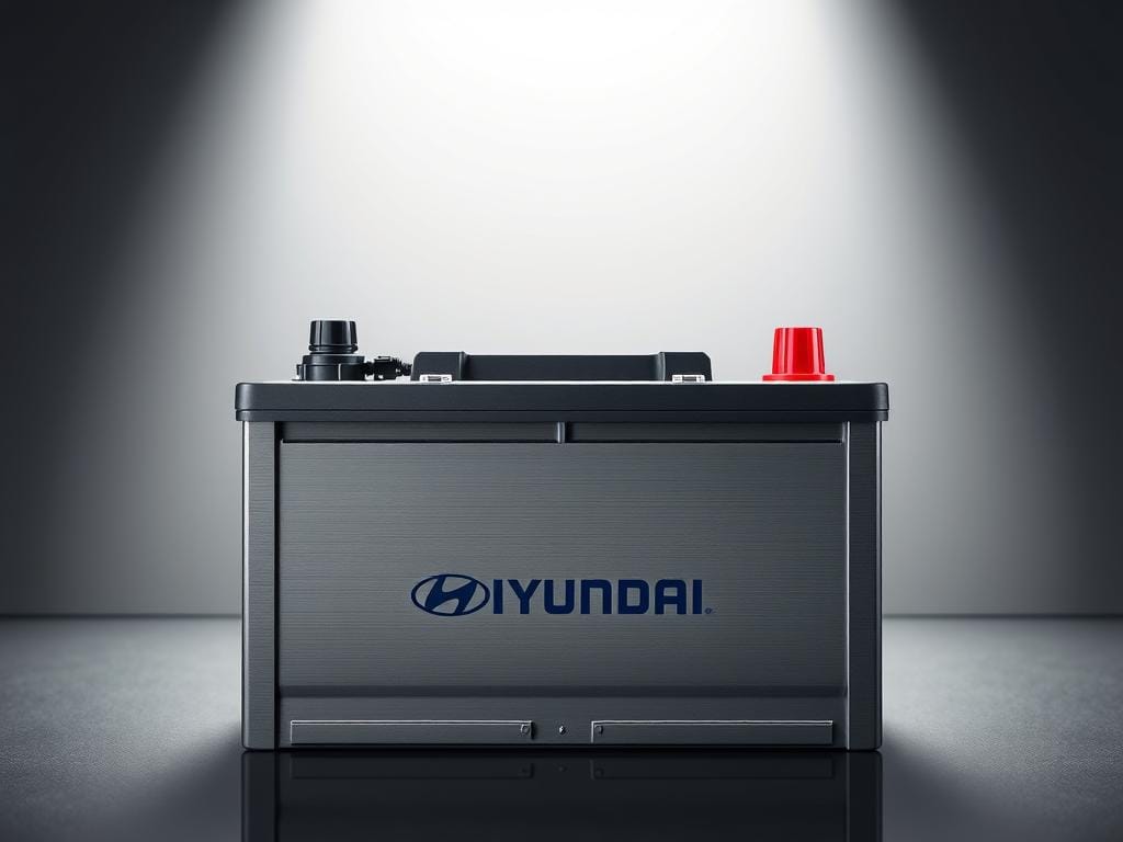 A high-performance Hyundai battery bank set against a sleek, modern backdrop. The batteries are housed in a sturdy, brushed metal casing, their terminals gleaming under focused studio lighting. The composition showcases the batteries' compact, efficient design, emphasizing their power and reliability. The background is a minimalist, grey-toned environment, allowing the subject to take center stage. Subtle reflections on the metal surfaces add depth and dimension, conveying a sense of quality and sophistication. The overall mood is one of technical precision and automotive excellence, capturing the essence of why these batteries are the optimal choice for Hyundai vehicles. A high-performance Hyundai battery bank set against a sleek, modern backdrop. The batteries are housed in a sturdy, brushed metal casing, their terminals gleaming under focused studio lighting. The composition showcases the batteries' compact, efficient design, emphasizing their power and reliability. The background is a minimalist, grey-toned environment, allowing the subject to take center stage. Subtle reflections on the metal surfaces add depth and dimension, conveying a sense of quality and sophistication. The overall mood is one of technical precision and automotive excellence, capturing the essence of why these batteries are the optimal choice for Hyundai vehicles.