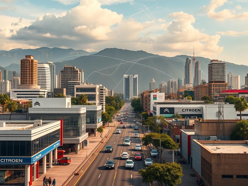 A high-quality cityscape depicting the nationwide technical service coverage, showcasing a network of well-equipped service centers across major cities in Colombia. The foreground features the bustling streets of Bogotá, with Citroën dealerships and workshops prominently displayed, their facades adorned with signage and branding. The middle ground transitions to other metropolitan areas, each represented by distinctive architectural styles and landmarks. In the background, a map of Colombia unfolds, illustrating the extensive reach of the technical service network, connecting the capital to the country's principal urban hubs. The scene is bathed in warm, natural lighting, conveying a sense of reliability, efficiency, and customer-centric service. A high-quality cityscape depicting the nationwide technical service coverage, showcasing a network of well-equipped service centers across major cities in Colombia. The foreground features the bustling streets of Bogotá, with Citroën dealerships and workshops prominently displayed, their facades adorned with signage and branding. The middle ground transitions to other metropolitan areas, each represented by distinctive architectural styles and landmarks. In the background, a map of Colombia unfolds, illustrating the extensive reach of the technical service network, connecting the capital to the country's principal urban hubs. The scene is bathed in warm, natural lighting, conveying a sense of reliability, efficiency, and customer-centric service.