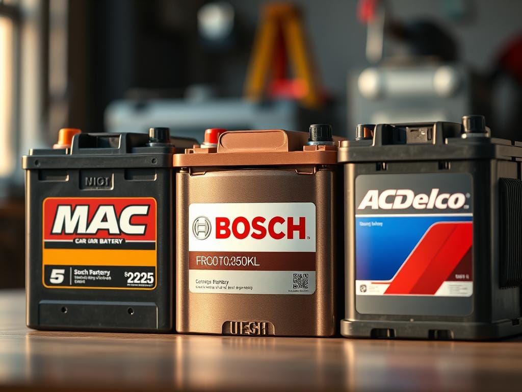 A high-quality close-up photograph showcasing a side-by-side comparison of three popular car battery brands - Mac, Bosch, and ACDelco. The image is captured with a shallow depth of field, allowing the batteries to be the focal point against a softly blurred background. Warm, natural lighting illuminates the batteries, highlighting their intricate textures and details. The composition is balanced, with the three batteries arranged in an aesthetically pleasing manner, allowing the viewer to easily compare their size, shape, and overall design. The overall mood is one of technical precision and attention to detail, befitting the subject matter. A high-quality close-up photograph showcasing a side-by-side comparison of three popular car battery brands - Mac, Bosch, and ACDelco. The image is captured with a shallow depth of field, allowing the batteries to be the focal point against a softly blurred background. Warm, natural lighting illuminates the batteries, highlighting their intricate textures and details. The composition is balanced, with the three batteries arranged in an aesthetically pleasing manner, allowing the viewer to easily compare their size, shape, and overall design. The overall mood is one of technical precision and attention to detail, befitting the subject matter.