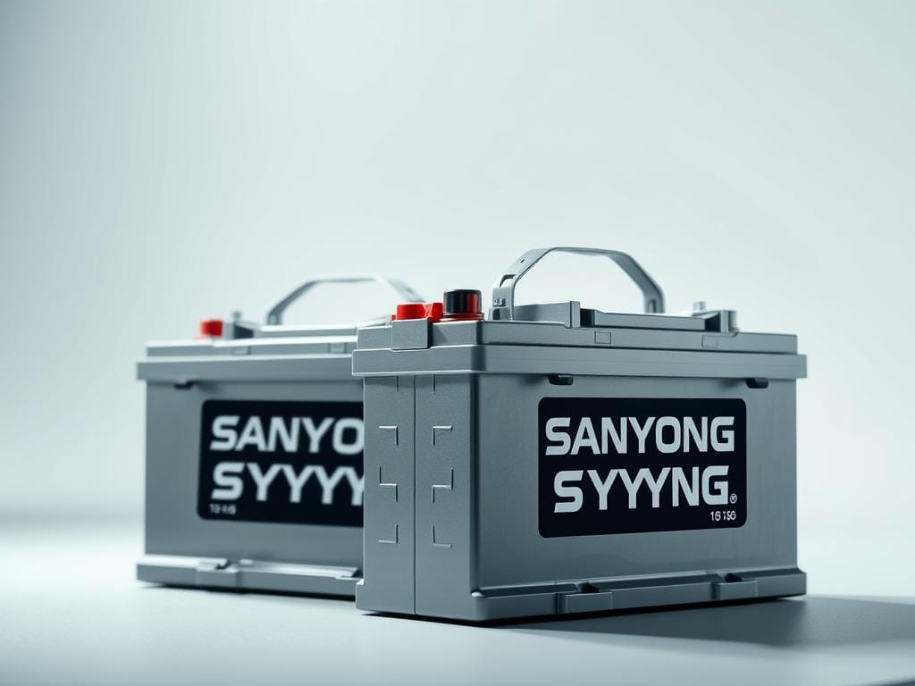 A high-quality, highly detailed image of a pair of SsangYong car batteries with the positive and negative polarity clearly labeled in a clean, technical style. The batteries should be shown in a well-lit, professional studio setting, with a smooth, seamless background that allows the technical details to be the focal point. The image should convey a sense of precision and engineering excellence, reflecting the technical specifications of the SsangYong car batteries. The lighting should be soft and even, highlighting the metallic surfaces and the clear polarity markings. The camera angle should be slightly elevated, providing a clear, unobstructed view of the batteries. A high-quality, highly detailed image of a pair of SsangYong car batteries with the positive and negative polarity clearly labeled in a clean, technical style. The batteries should be shown in a well-lit, professional studio setting, with a smooth, seamless background that allows the technical details to be the focal point. The image should convey a sense of precision and engineering excellence, reflecting the technical specifications of the SsangYong car batteries. The lighting should be soft and even, highlighting the metallic surfaces and the clear polarity markings. The camera angle should be slightly elevated, providing a clear, unobstructed view of the batteries.