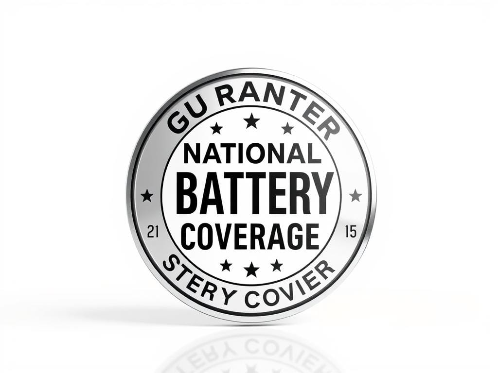 A high-quality, hyper-realistic image of a prominent, eye-catching guarantee seal or badge for national battery coverage, presented against a clean, white background. The seal should feature bold, striking typography and graphics that convey a sense of quality, reliability, and national endorsement. Subtle reflections and lighting effects should add depth and a premium, luxurious feel. The overall composition should be simple and uncluttered, allowing the guarantee seal to be the central focus and communicate its importance and value proposition to the viewer. A high-quality, hyper-realistic image of a prominent, eye-catching guarantee seal or badge for national battery coverage, presented against a clean, white background. The seal should feature bold, striking typography and graphics that convey a sense of quality, reliability, and national endorsement. Subtle reflections and lighting effects should add depth and a premium, luxurious feel. The overall composition should be simple and uncluttered, allowing the guarantee seal to be the central focus and communicate its importance and value proposition to the viewer.
