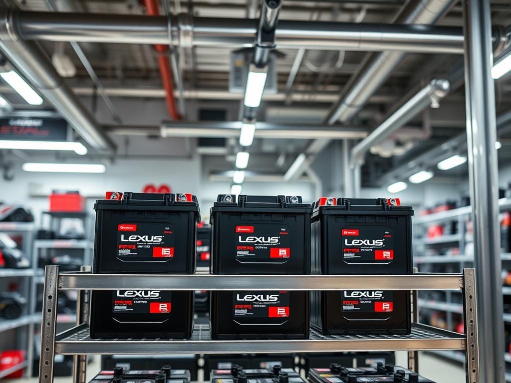 A high-quality image of competitively priced Lexus car batteries prominently displayed in a well-lit auto parts store showroom in Bogotá. The batteries are showcased on metal shelves against a backdrop of sleek, modern fixtures and fittings. The lighting is bright and directional, highlighting the batteries' intricate details and sturdy construction. The atmosphere conveys a sense of professionalism, reliability, and technical expertise. The overall scene exudes a premium, high-end aesthetic that visually communicates the batteries' suitability for the Lexus brand. The image should feel realistic, immersive, and representative of the quality and pricing of the batteries available for Lexus vehicles in the Bogotá market. A high-quality image of competitively priced Lexus car batteries prominently displayed in a well-lit auto parts store showroom in Bogotá. The batteries are showcased on metal shelves against a backdrop of sleek, modern fixtures and fittings. The lighting is bright and directional, highlighting the batteries' intricate details and sturdy construction. The atmosphere conveys a sense of professionalism, reliability, and technical expertise. The overall scene exudes a premium, high-end aesthetic that visually communicates the batteries' suitability for the Lexus brand. The image should feel realistic, immersive, and representative of the quality and pricing of the batteries available for Lexus vehicles in the Bogotá market.