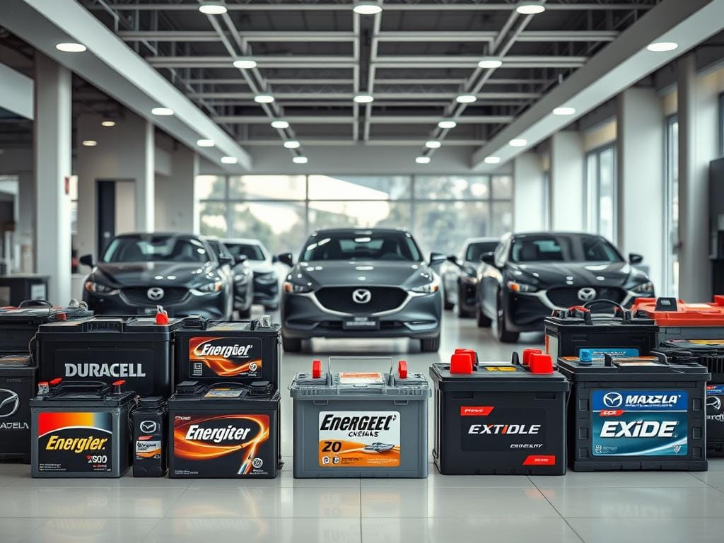 A high-quality photorealistic image showcasing the top car battery brands prominently displayed in a well-lit automotive showroom. The foreground features an assortment of popular battery models from leading manufacturers such as Duracell, Energizer, and Exide, each presented with their distinctive packaging and branding. The middle ground captures the sleek, modern interior design of the showroom, with clean lines, neutral tones, and strategically placed lighting fixtures that illuminate the batteries. In the background, the image offers a glimpse of the latest Mazda models, hinting at the compatibility and suitability of these premium battery options for Mazda vehicles. The overall composition and attention to detail create a visually striking and informative illustration of the top car battery brands available for Mazda owners in Bogotá. A high-quality photorealistic image showcasing the top car battery brands prominently displayed in a well-lit automotive showroom. The foreground features an assortment of popular battery models from leading manufacturers such as Duracell, Energizer, and Exide, each presented with their distinctive packaging and branding. The middle ground captures the sleek, modern interior design of the showroom, with clean lines, neutral tones, and strategically placed lighting fixtures that illuminate the batteries. In the background, the image offers a glimpse of the latest Mazda models, hinting at the compatibility and suitability of these premium battery options for Mazda vehicles. The overall composition and attention to detail create a visually striking and informative illustration of the top car battery brands available for Mazda owners in Bogotá.