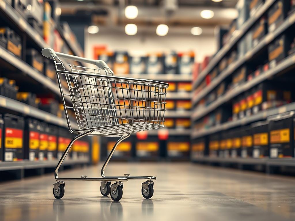 A high-quality, realistic image of an online shopping cart against a blurred backdrop of a jeep car battery display in a hardware store. The cart is prominently featured in the foreground, with a sleek, modern design and a silver metallic finish. The cart's size and proportions are accurate, and it casts a subtle shadow on the store floor. The middle ground showcases a variety of car batteries, neatly arranged on shelves with a warm, inviting lighting scheme. The background is softly blurred, creating a sense of depth and focus on the main subject. The overall atmosphere is professional, informative, and visually appealing, reflecting the topic of "Preguntas frecuentes antes de comprar" for the Jeep car battery article. A high-quality, realistic image of an online shopping cart against a blurred backdrop of a jeep car battery display in a hardware store. The cart is prominently featured in the foreground, with a sleek, modern design and a silver metallic finish. The cart's size and proportions are accurate, and it casts a subtle shadow on the store floor. The middle ground showcases a variety of car batteries, neatly arranged on shelves with a warm, inviting lighting scheme. The background is softly blurred, creating a sense of depth and focus on the main subject. The overall atmosphere is professional, informative, and visually appealing, reflecting the topic of "Preguntas frecuentes antes de comprar" for the Jeep car battery article.