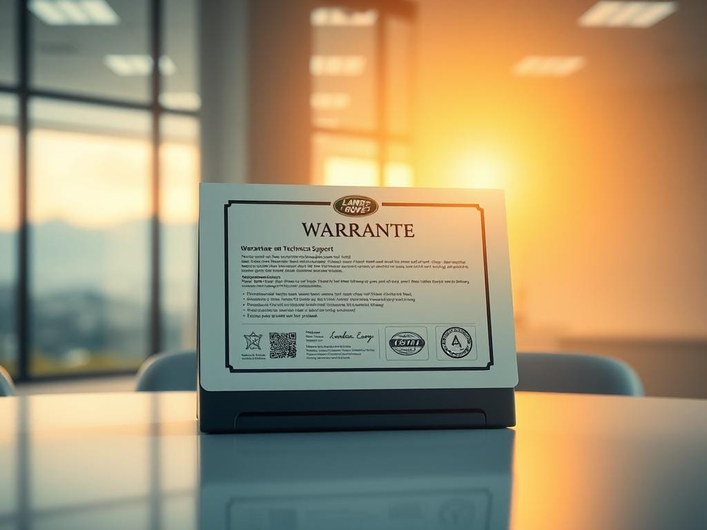 A high-quality, ultra-realistic image of a car battery warranty certificate or guarantee document. The certificate is prominently displayed in the center of the frame, with a warm, golden lighting casting a soft glow over the scene. The background is a clean, minimalist workspace or office setting, with a blurred, out-of-focus landscape visible through a window in the distance. The certificate displays the manufacturer's logo, warranty details, and relevant technical information in a clear, legible format. The overall composition conveys a sense of trust, reliability, and professionalism, suitable for illustrating the "Guarantee and Technical Support" section of an article about Land Rover car batteries in Bogotá. A high-quality, ultra-realistic image of a car battery warranty certificate or guarantee document. The certificate is prominently displayed in the center of the frame, with a warm, golden lighting casting a soft glow over the scene. The background is a clean, minimalist workspace or office setting, with a blurred, out-of-focus landscape visible through a window in the distance. The certificate displays the manufacturer's logo, warranty details, and relevant technical information in a clear, legible format. The overall composition conveys a sense of trust, reliability, and professionalism, suitable for illustrating the "Guarantee and Technical Support" section of an article about Land Rover car batteries in Bogotá.