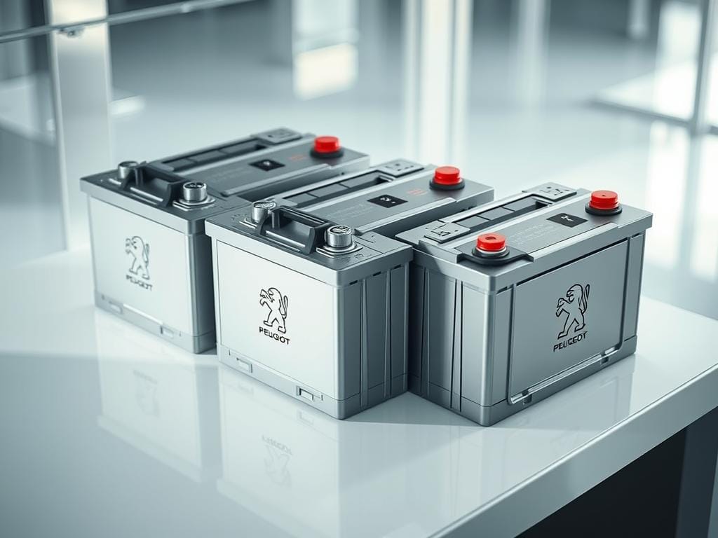 A high-quality, well-lit image of a group of car batteries neatly arranged on a clean, polished surface. The batteries are visually striking, with their metallic casings and terminals gleaming under the soft, diffused lighting. The composition showcases the batteries from multiple angles, highlighting their size, shape, and compatibility with Peugeot vehicles. The image conveys a sense of reliability, durability, and attention to detail, reflecting the high-quality standards of the Peugeot brand. The overall mood is one of professionalism and technical precision. A high-quality, well-lit image of a group of car batteries neatly arranged on a clean, polished surface. The batteries are visually striking, with their metallic casings and terminals gleaming under the soft, diffused lighting. The composition showcases the batteries from multiple angles, highlighting their size, shape, and compatibility with Peugeot vehicles. The image conveys a sense of reliability, durability, and attention to detail, reflecting the high-quality standards of the Peugeot brand. The overall mood is one of professionalism and technical precision.