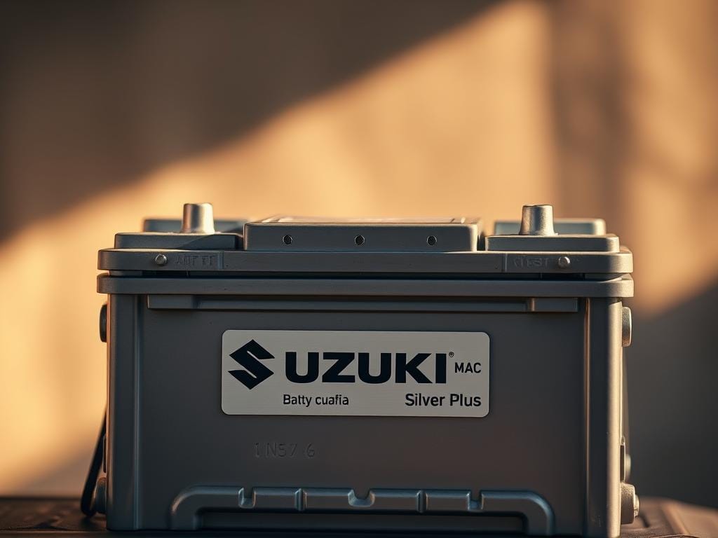 A high-resolution, highly detailed close-up photograph of a Suzuki car battery, the "Batería Mac Silver Plus", showcased against a softly blurred, muted background. The battery is positioned in the center of the frame, illuminated by warm, natural lighting that accentuates its metallic silver finish and the intricate textures of its surface. The lighting casts subtle shadows, adding depth and dimensionality to the image. The focus is sharp, capturing every rivet, screw, and label with exceptional clarity, allowing the viewer to appreciate the battery's engineering and construction. The overall mood is one of technical precision and quality, befitting the importance of this critical automotive component. A high-resolution, highly detailed close-up photograph of a Suzuki car battery, the "Batería Mac Silver Plus", showcased against a softly blurred, muted background. The battery is positioned in the center of the frame, illuminated by warm, natural lighting that accentuates its metallic silver finish and the intricate textures of its surface. The lighting casts subtle shadows, adding depth and dimensionality to the image. The focus is sharp, capturing every rivet, screw, and label with exceptional clarity, allowing the viewer to appreciate the battery's engineering and construction. The overall mood is one of technical precision and quality, befitting the importance of this critical automotive component.