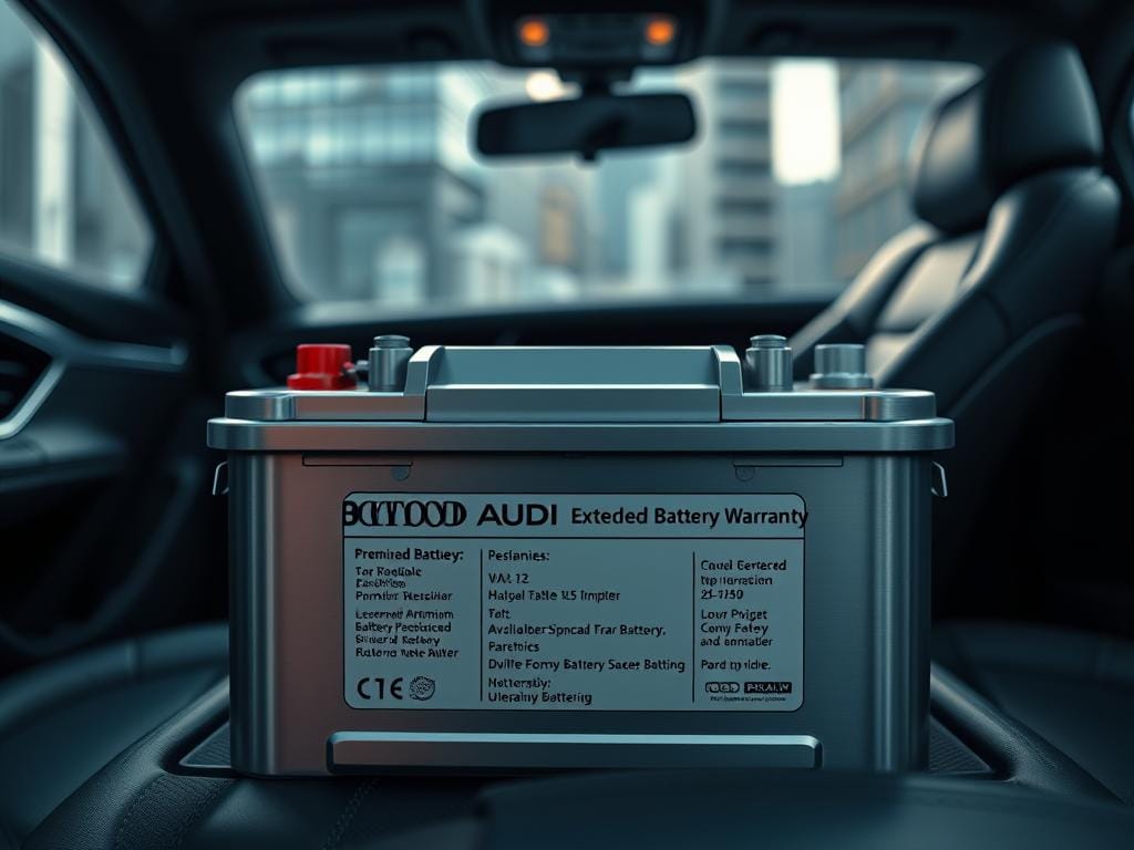 A high-resolution image of an extended battery warranty for premium car batteries. The foreground depicts a glossy, metallic silver battery with a sleek, modern design. Detailed technical specifications and warranty information are prominently displayed on the battery surface, conveyed through crisp, legible typography. The middle ground shows the battery nestled within a luxurious, leather-upholstered interior, evoking a sense of premium quality and exclusivity. The background features a softly blurred, high-contrast urban skyline, hinting at the reliable performance of the battery in a demanding city driving environment. The overall mood is one of sophistication, confidence, and the assurance of long-lasting power for the discerning Audi owner. A high-resolution image of an extended battery warranty for premium car batteries. The foreground depicts a glossy, metallic silver battery with a sleek, modern design. Detailed technical specifications and warranty information are prominently displayed on the battery surface, conveyed through crisp, legible typography. The middle ground shows the battery nestled within a luxurious, leather-upholstered interior, evoking a sense of premium quality and exclusivity. The background features a softly blurred, high-contrast urban skyline, hinting at the reliable performance of the battery in a demanding city driving environment. The overall mood is one of sophistication, confidence, and the assurance of long-lasting power for the discerning Audi owner.