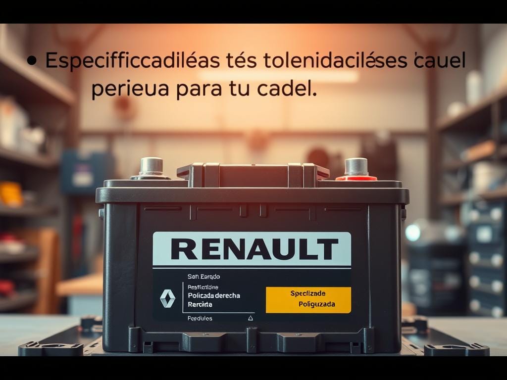 A high-resolution, photorealistic image of a Renault car battery, its positive and negative terminals labeled in Spanish as "polaridad derecha" (right polarity). The battery is shown in a well-lit, clean workshop setting, with a warm, neutral color palette. The image is captured from a slightly elevated angle, highlighting the intricate details of the battery's construction and design. The technical specifications of the battery are prominently displayed, conveying the key information needed for a Renault owner. The overall scene exudes a sense of professionalism and expertise, befitting the "Especificaciones técnicas clave para tu Renault" section of the article. A high-resolution, photorealistic image of a Renault car battery, its positive and negative terminals labeled in Spanish as "polaridad derecha" (right polarity). The battery is shown in a well-lit, clean workshop setting, with a warm, neutral color palette. The image is captured from a slightly elevated angle, highlighting the intricate details of the battery's construction and design. The technical specifications of the battery are prominently displayed, conveying the key information needed for a Renault owner. The overall scene exudes a sense of professionalism and expertise, befitting the "Especificaciones técnicas clave para tu Renault" section of the article.