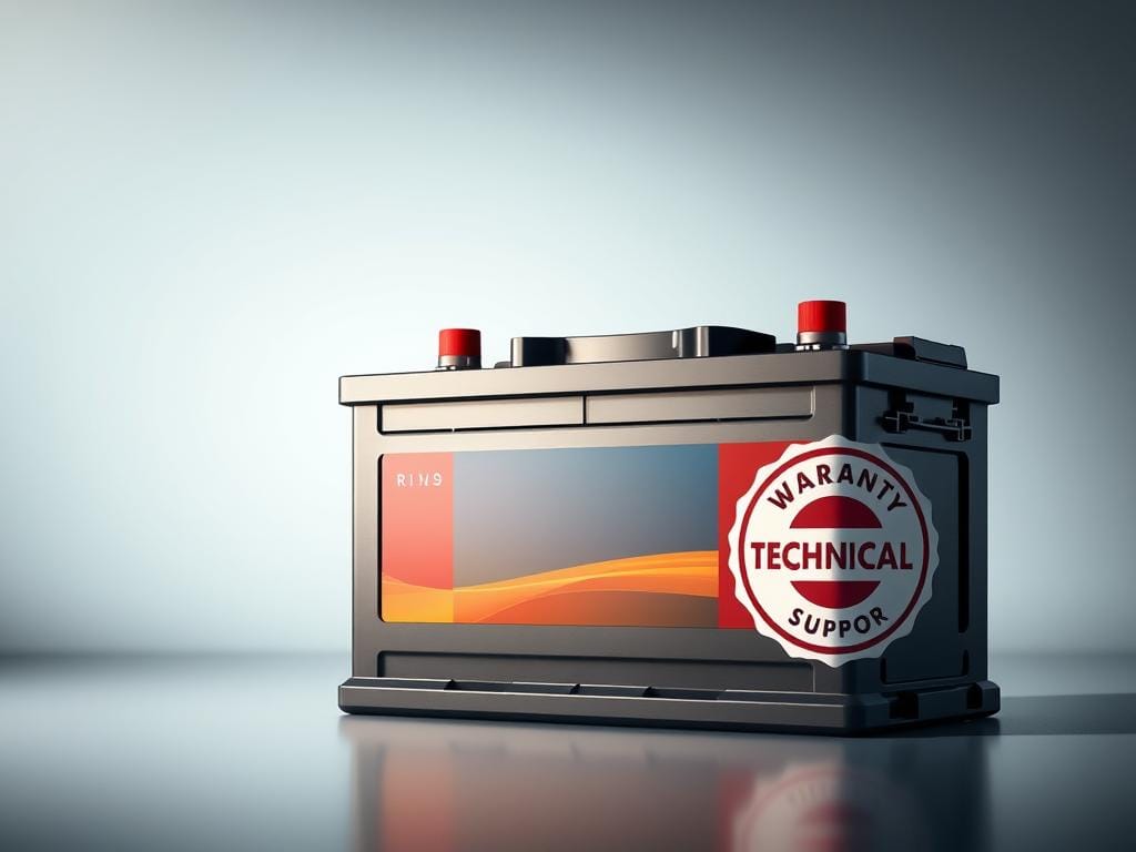 A high-resolution, photorealistic image of a premium car battery with a prominent "Warranty" and "Technical Support" badge displayed on the side. The battery is shown in a well-lit, professional studio setting, with a clean, minimalist background that emphasizes the product. The lighting should create a sense of quality and reliability, with soft shadows and highlights that accentuate the battery's design and construction. The image should convey a sense of trust, durability, and attention to detail, reflecting the premium nature of the product and the comprehensive technical support and warranty offered to the customer. A high-resolution, photorealistic image of a premium car battery with a prominent "Warranty" and "Technical Support" badge displayed on the side. The battery is shown in a well-lit, professional studio setting, with a clean, minimalist background that emphasizes the product. The lighting should create a sense of quality and reliability, with soft shadows and highlights that accentuate the battery's design and construction. The image should convey a sense of trust, durability, and attention to detail, reflecting the premium nature of the product and the comprehensive technical support and warranty offered to the customer.