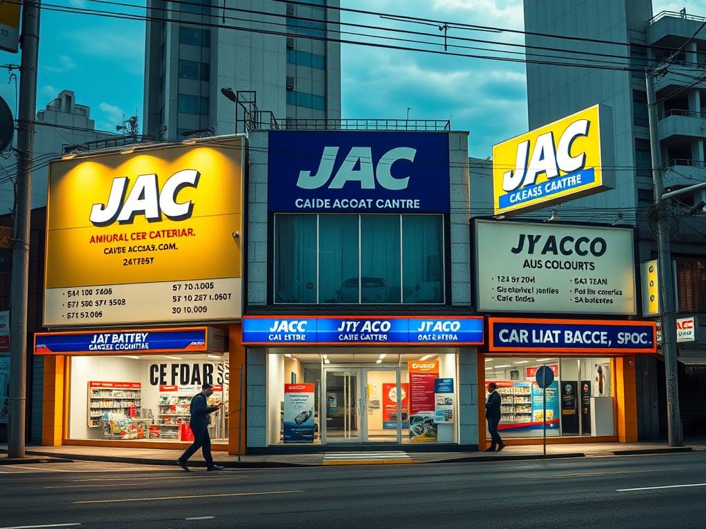 A high-resolution, photorealistic image of several JAC car battery store locations across Colombia, showcasing their exterior facades and storefront signage. The image should have a warm, inviting tone, with bright natural lighting illuminating the scene. The buildings should be prominently displayed, with clear visibility of their addresses and hours of operation. The surrounding environment should be a realistic urban setting, with appropriate street elements, infrastructure, and signage to establish the locations within a Colombian cityscape. The image should convey a sense of accessibility and availability of JAC batteries across the country. A high-resolution, photorealistic image of several JAC car battery store locations across Colombia, showcasing their exterior facades and storefront signage. The image should have a warm, inviting tone, with bright natural lighting illuminating the scene. The buildings should be prominently displayed, with clear visibility of their addresses and hours of operation. The surrounding environment should be a realistic urban setting, with appropriate street elements, infrastructure, and signage to establish the locations within a Colombian cityscape. The image should convey a sense of accessibility and availability of JAC batteries across the country.