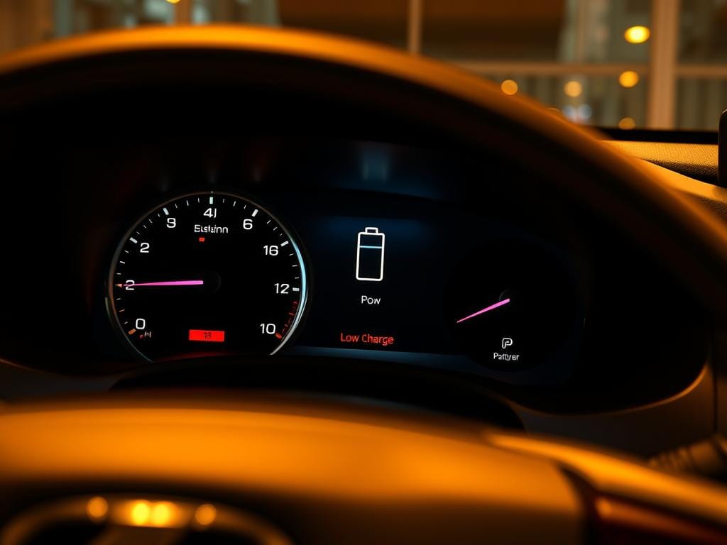 A high-resolution, photorealistic image of the dashboard of a Lexus sedan, showing the battery indicator light illuminated, signaling a low battery charge. The scene is captured in warm, soft lighting, with the dashboard's brushed metal accents and glossy black surfaces reflecting the ambient glow. The instrument cluster is clearly visible, displaying the battery icon and the gauge reading a low charge level. The overall atmosphere conveys a sense of concern and the need to address the issue promptly, as the driver becomes aware of the impending battery depletion. A high-resolution, photorealistic image of the dashboard of a Lexus sedan, showing the battery indicator light illuminated, signaling a low battery charge. The scene is captured in warm, soft lighting, with the dashboard's brushed metal accents and glossy black surfaces reflecting the ambient glow. The instrument cluster is clearly visible, displaying the battery icon and the gauge reading a low charge level. The overall atmosphere conveys a sense of concern and the need to address the issue promptly, as the driver becomes aware of the impending battery depletion.