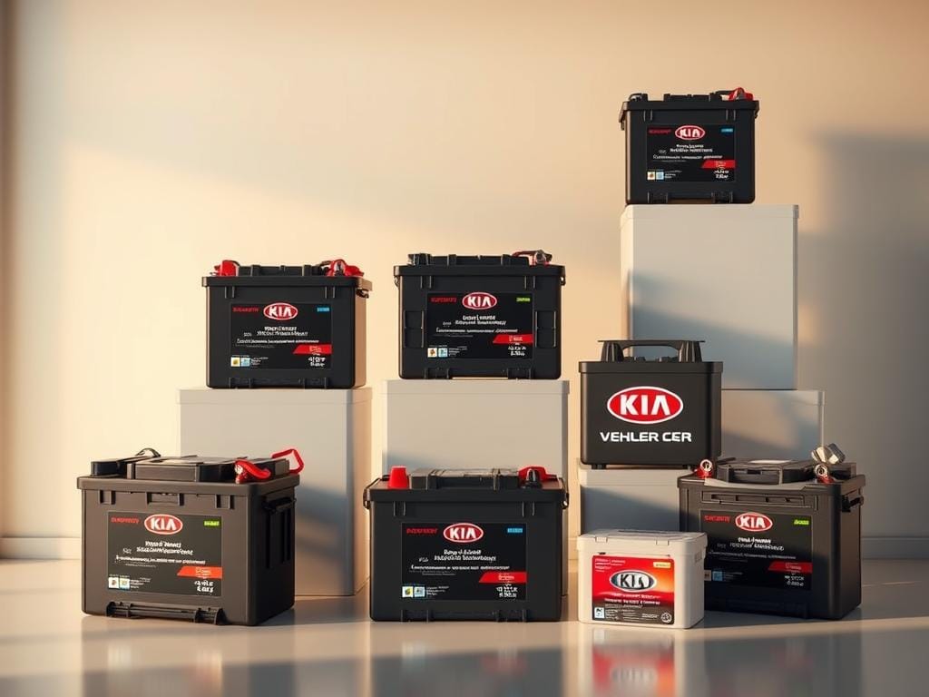 A high-resolution, photorealistic image of various car battery models and brands suitable for Kia vehicles, arranged in a visually appealing and informative display. The batteries are shown from multiple angles, highlighting their design features, size, and labeling. The image has a warm, well-lit atmosphere, with soft shadows and a clean, uncluttered background that allows the batteries to be the focal point. The composition is balanced and draws the viewer's attention to the key details of the batteries, showcasing the range of options available for Kia cars. A high-resolution, photorealistic image of various car battery models and brands suitable for Kia vehicles, arranged in a visually appealing and informative display. The batteries are shown from multiple angles, highlighting their design features, size, and labeling. The image has a warm, well-lit atmosphere, with soft shadows and a clean, uncluttered background that allows the batteries to be the focal point. The composition is balanced and draws the viewer's attention to the key details of the batteries, showcasing the range of options available for Kia cars.