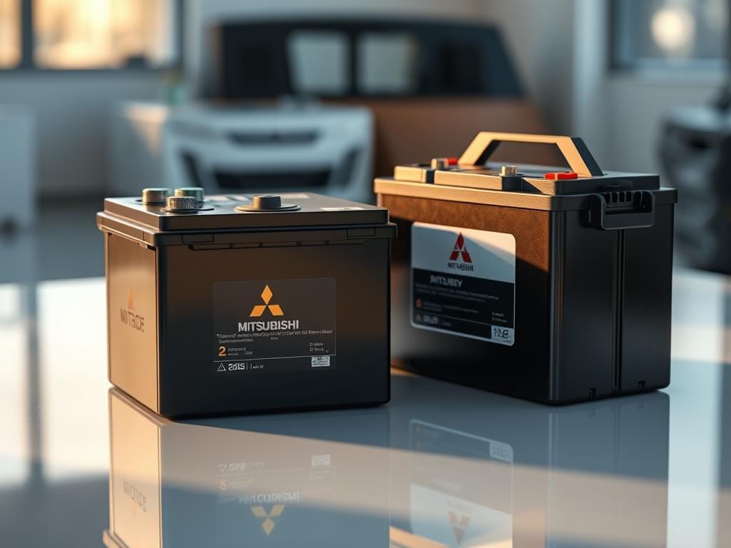 A high-resolution, photorealistic side-by-side comparison of contemporary battery models for a Mitsubishi vehicle, captured in a warm, natural lighting setup. The batteries are neatly arranged on a clean, reflective surface, showcasing their details and dimensions. The image has a crisp, detailed focus, allowing the viewer to closely examine the differences in size, shape, and design between the battery options. The overall composition is balanced and aesthetically pleasing, highlighting the technical aspects of the products in a way that would be useful for a buyer's guide or price comparison. A high-resolution, photorealistic side-by-side comparison of contemporary battery models for a Mitsubishi vehicle, captured in a warm, natural lighting setup. The batteries are neatly arranged on a clean, reflective surface, showcasing their details and dimensions. The image has a crisp, detailed focus, allowing the viewer to closely examine the differences in size, shape, and design between the battery options. The overall composition is balanced and aesthetically pleasing, highlighting the technical aspects of the products in a way that would be useful for a buyer's guide or price comparison.