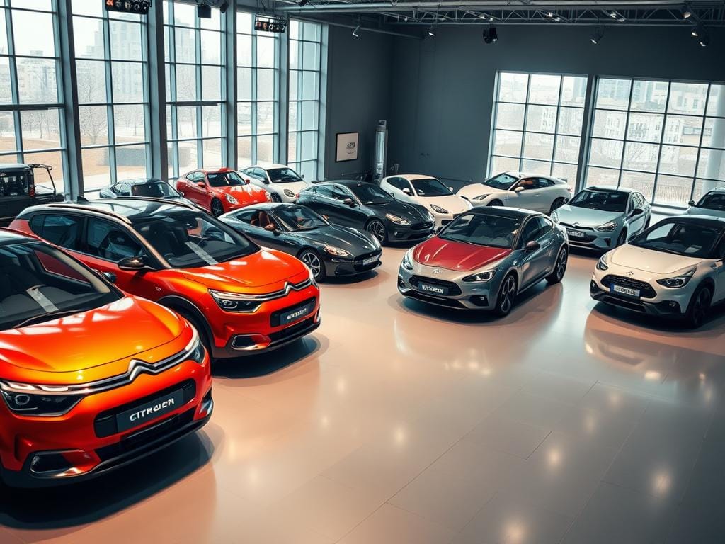 A meticulously detailed, high-resolution image of various Citroën car models displayed in a well-lit automotive showroom. The foreground features the latest Citroën models posed elegantly, their sleek, aerodynamic bodies accentuated by warm, directional lighting. The middle ground showcases a selection of classic Citroën models from different eras, each carefully positioned to highlight their unique design characteristics. The background depicts the showroom's modern, minimalist interior, with large windows allowing natural light to flood the space, creating a bright, inviting atmosphere. The overall scene conveys a sense of sophistication, highlighting Citroën's rich automotive heritage and its commitment to progressive, stylish design. A meticulously detailed, high-resolution image of various Citroën car models displayed in a well-lit automotive showroom. The foreground features the latest Citroën models posed elegantly, their sleek, aerodynamic bodies accentuated by warm, directional lighting. The middle ground showcases a selection of classic Citroën models from different eras, each carefully positioned to highlight their unique design characteristics. The background depicts the showroom's modern, minimalist interior, with large windows allowing natural light to flood the space, creating a bright, inviting atmosphere. The overall scene conveys a sense of sophistication, highlighting Citroën's rich automotive heritage and its commitment to progressive, stylish design.