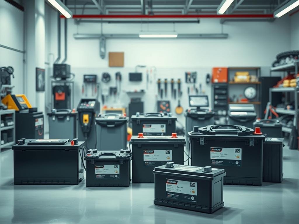 A meticulously detailed image showcasing various types of car batteries suitable for Start-Stop systems. Set against a clean, well-lit workshop backdrop, the batteries are prominently displayed in the foreground, each one with its distinct size, shape, and labeling. The middle ground features various battery chargers, testers, and other related equipment, conveying a sense of a professional automotive setting. The background subtly hints at the larger workshop environment, with shelves, tools, and other automotive paraphernalia visible in the periphery. The lighting is soft and directional, casting shadows that enhance the three-dimensional qualities of the scene, creating a highly realistic and technical visual representation of the subject matter. A meticulously detailed image showcasing various types of car batteries suitable for Start-Stop systems. Set against a clean, well-lit workshop backdrop, the batteries are prominently displayed in the foreground, each one with its distinct size, shape, and labeling. The middle ground features various battery chargers, testers, and other related equipment, conveying a sense of a professional automotive setting. The background subtly hints at the larger workshop environment, with shelves, tools, and other automotive paraphernalia visible in the periphery. The lighting is soft and directional, casting shadows that enhance the three-dimensional qualities of the scene, creating a highly realistic and technical visual representation of the subject matter.