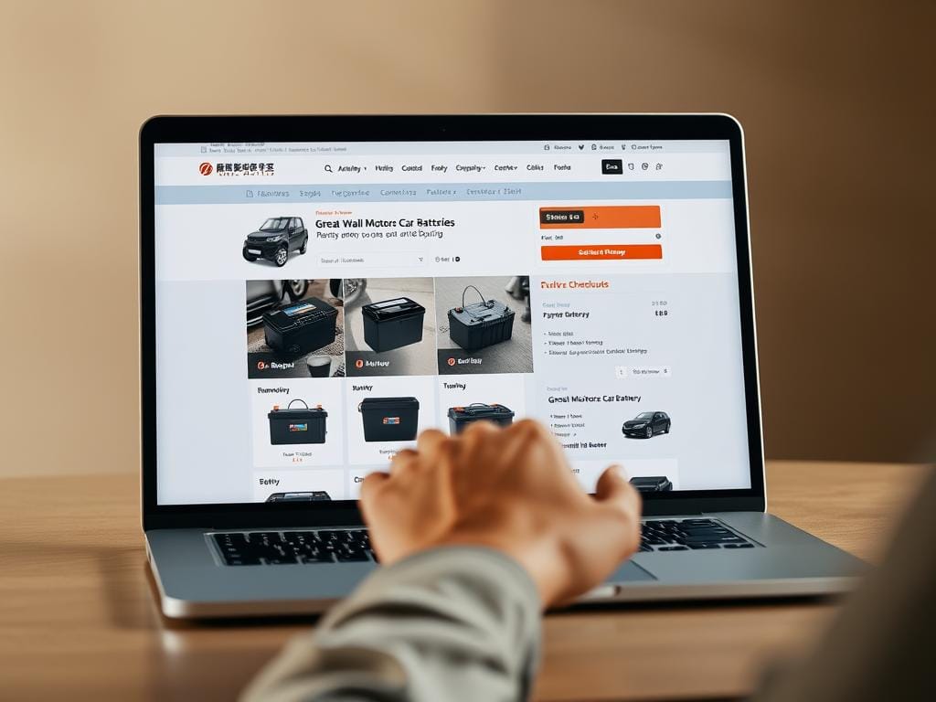 A modern, minimalist online shopping experience. In the foreground, a laptop displaying a sleek, user-friendly e-commerce website, showcasing a variety of Great Wall Motors car batteries. The website's design is clean and intuitive, with clear product information and a seamless checkout process. The middle ground features a hand casually interacting with the laptop, demonstrating the ease of the online purchase. The background is a muted, warm-toned environment, creating a sense of comfort and trust. Soft, diffused lighting illuminates the scene, highlighting the high-quality products and the convenience of this online shopping solution. The overall atmosphere conveys a stress-free, efficient, and secure online purchasing journey. A modern, minimalist online shopping experience. In the foreground, a laptop displaying a sleek, user-friendly e-commerce website, showcasing a variety of Great Wall Motors car batteries. The website's design is clean and intuitive, with clear product information and a seamless checkout process. The middle ground features a hand casually interacting with the laptop, demonstrating the ease of the online purchase. The background is a muted, warm-toned environment, creating a sense of comfort and trust. Soft, diffused lighting illuminates the scene, highlighting the high-quality products and the convenience of this online shopping solution. The overall atmosphere conveys a stress-free, efficient, and secure online purchasing journey.