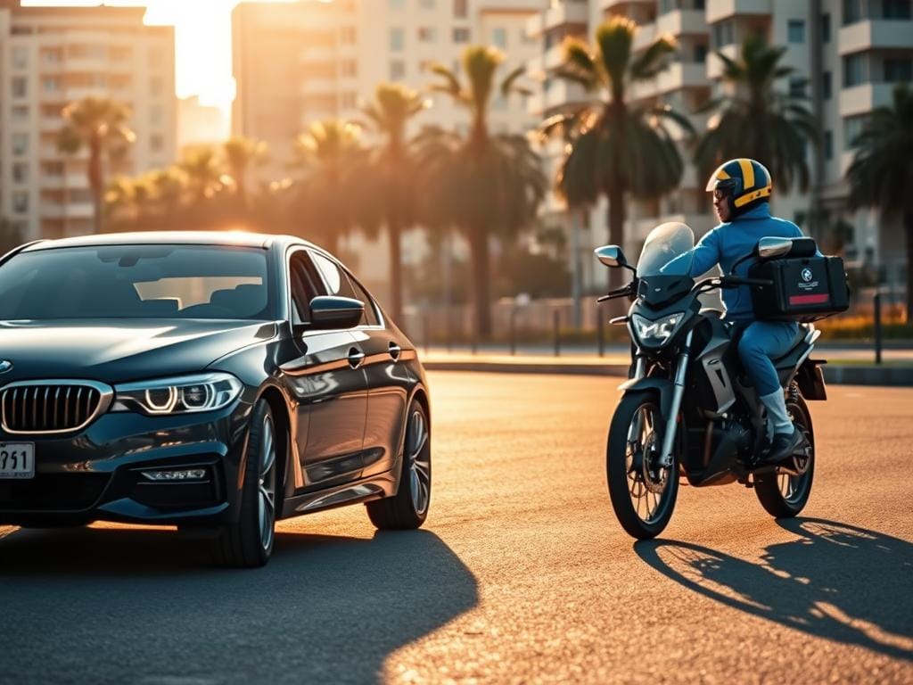 A photo of a BMW sedan parked on a street in Bogotá, Colombia. In the foreground, a courier on a motorcycle is delivering a package to the driver's side window. The scene is bathed in warm, golden afternoon light, casting long shadows across the pavement. The courier wears a bright blue uniform and helmet, creating a striking contrast against the sleek black car. In the background, a row of apartment buildings and palm trees line the street, giving a sense of the urban setting. The image conveys the convenience and efficiency of home delivery services for car parts in the bustling city. A photo of a BMW sedan parked on a street in Bogotá, Colombia. In the foreground, a courier on a motorcycle is delivering a package to the driver's side window. The scene is bathed in warm, golden afternoon light, casting long shadows across the pavement. The courier wears a bright blue uniform and helmet, creating a striking contrast against the sleek black car. In the background, a row of apartment buildings and palm trees line the street, giving a sense of the urban setting. The image conveys the convenience and efficiency of home delivery services for car parts in the bustling city.