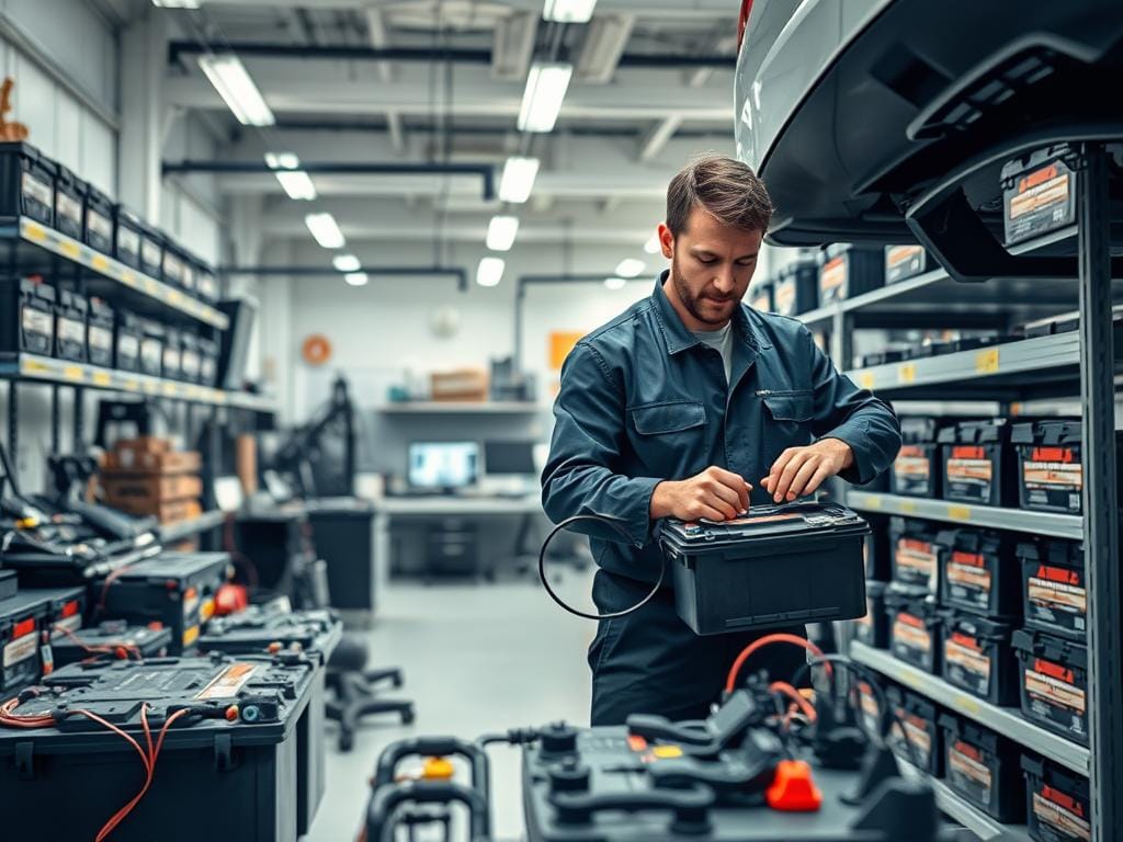 A professional automotive battery installation service in a well-equipped workshop. In the foreground, a technician in a uniform carefully connects a car battery to the electrical system, surrounded by various tools and equipment. The middle ground features shelves stocked with Mitsubishi car batteries, neatly organized and ready for installation. The background showcases the workshop's clean, well-lit environment, with diagnostic computers and other technical apparatus, conveying a sense of expertise and attention to detail. The overall scene exudes a professional, efficient, and trustworthy atmosphere, suitable for the "Servicio de instalación y mantenimiento" section of the article. A professional automotive battery installation service in a well-equipped workshop. In the foreground, a technician in a uniform carefully connects a car battery to the electrical system, surrounded by various tools and equipment. The middle ground features shelves stocked with Mitsubishi car batteries, neatly organized and ready for installation. The background showcases the workshop's clean, well-lit environment, with diagnostic computers and other technical apparatus, conveying a sense of expertise and attention to detail. The overall scene exudes a professional, efficient, and trustworthy atmosphere, suitable for the "Servicio de instalación y mantenimiento" section of the article.