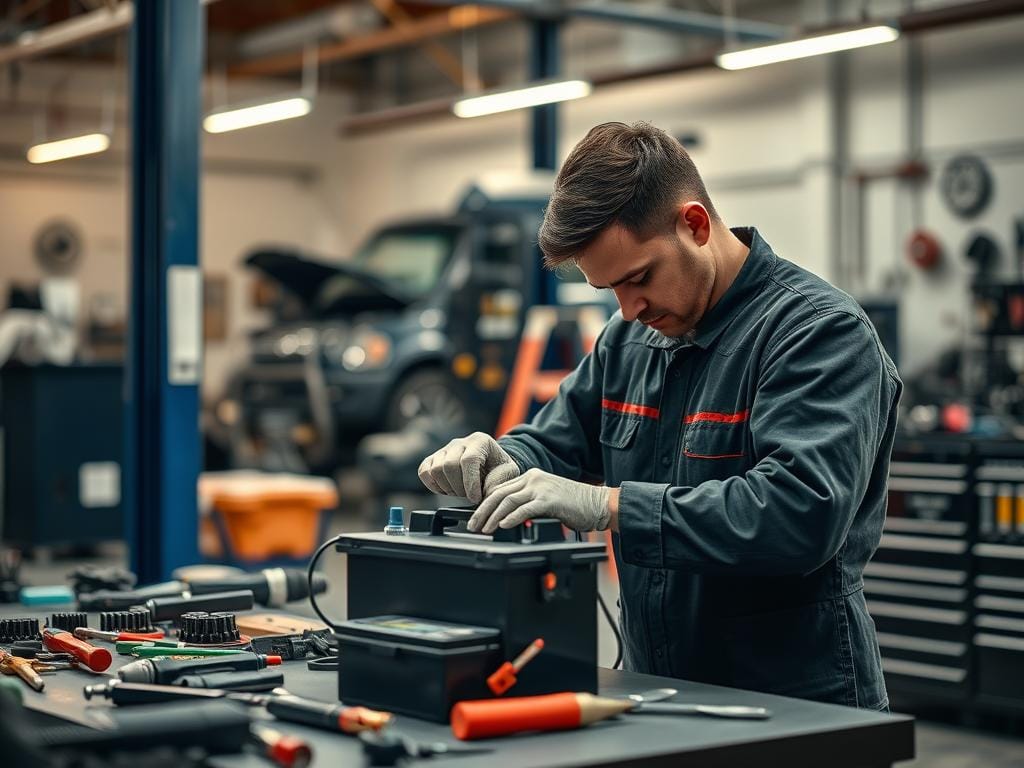 A professional mechanic in a well-equipped auto repair shop, intently focused on installing a car battery with precision tools and meticulous care. The workbench is organized with an array of essential tools, while the background features high-quality automotive equipment and a clean, modern workshop environment. Soft, warm lighting illuminates the scene, creating a sense of expertise and attention to detail. The overall atmosphere conveys a reliable, trustworthy service experience that prioritizes the customer's needs and the proper installation of the car battery. A professional mechanic in a well-equipped auto repair shop, intently focused on installing a car battery with precision tools and meticulous care. The workbench is organized with an array of essential tools, while the background features high-quality automotive equipment and a clean, modern workshop environment. Soft, warm lighting illuminates the scene, creating a sense of expertise and attention to detail. The overall atmosphere conveys a reliable, trustworthy service experience that prioritizes the customer's needs and the proper installation of the car battery.
