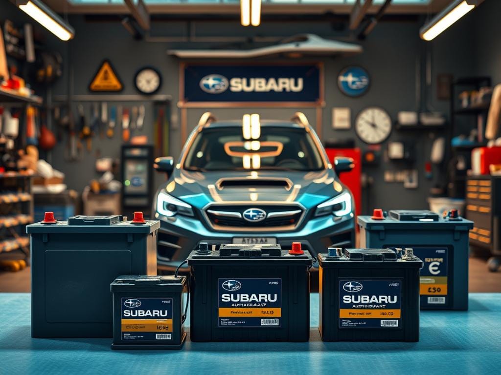 A realistic automotive workshop setting, showcasing a selection of high-quality car batteries compatible with Subaru models. Prominently displayed in the foreground, the batteries are showcased against a backdrop of precision tools, diagnostic equipment, and a well-organized workbench. The lighting is warm and inviting, creating a sense of professionalism and attention to detail. The middle ground features a Subaru vehicle, its sleek design complementing the batteries on display. In the background, subtle automotive-themed decor and signage further reinforce the specialized nature of the workshop. The overall atmosphere conveys a sense of expertise, reliability, and a dedication to providing the best possible solutions for Subaru owners. A realistic automotive workshop setting, showcasing a selection of high-quality car batteries compatible with Subaru models. Prominently displayed in the foreground, the batteries are showcased against a backdrop of precision tools, diagnostic equipment, and a well-organized workbench. The lighting is warm and inviting, creating a sense of professionalism and attention to detail. The middle ground features a Subaru vehicle, its sleek design complementing the batteries on display. In the background, subtle automotive-themed decor and signage further reinforce the specialized nature of the workshop. The overall atmosphere conveys a sense of expertise, reliability, and a dedication to providing the best possible solutions for Subaru owners.