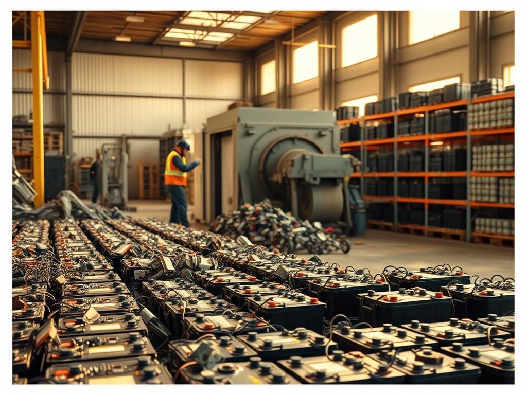 A recycling facility for used car batteries, with rows of discarded batteries awaiting proper disposal. In the foreground, a worker carefully inspects a battery, wearing protective gear. The middle ground shows a large industrial shredder, its blades spinning, ready to break down the batteries. In the background, shelves of neatly stacked, newly-reconditioned batteries await distribution. Warm, natural lighting filters through the windows, casting a soft glow over the scene. The overall atmosphere conveys a sense of responsible, environmentally-conscious battery management. A recycling facility for used car batteries, with rows of discarded batteries awaiting proper disposal. In the foreground, a worker carefully inspects a battery, wearing protective gear. The middle ground shows a large industrial shredder, its blades spinning, ready to break down the batteries. In the background, shelves of neatly stacked, newly-reconditioned batteries await distribution. Warm, natural lighting filters through the windows, casting a soft glow over the scene. The overall atmosphere conveys a sense of responsible, environmentally-conscious battery management.