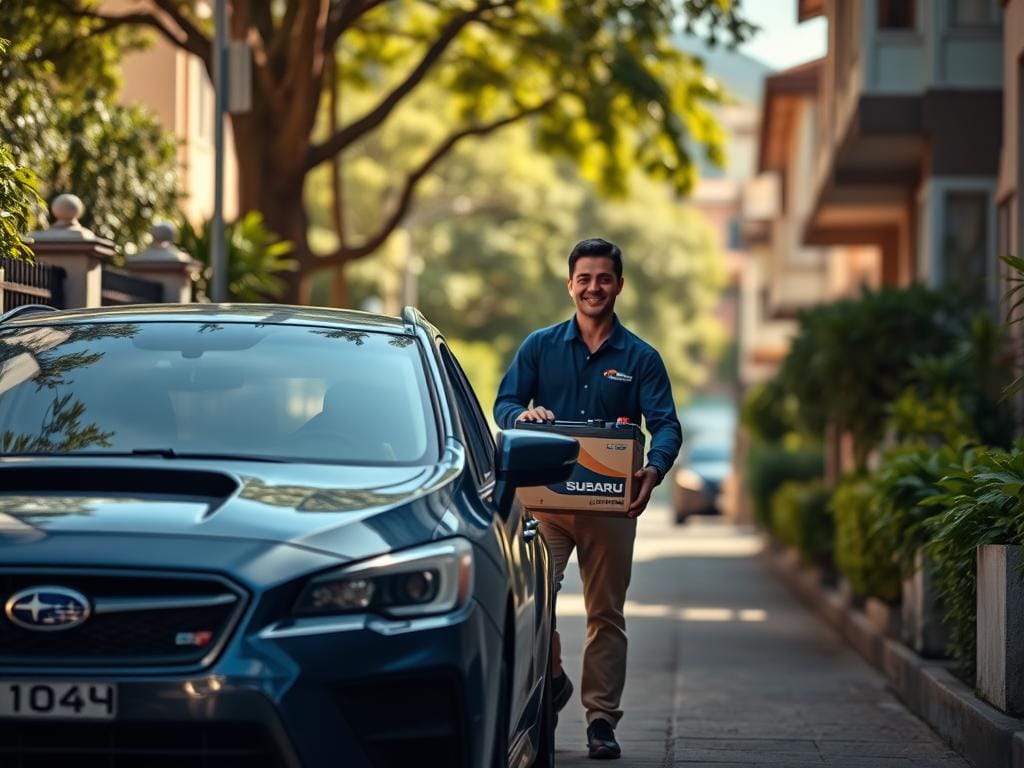 A residential street in Bogotá, Colombia, on a sunny afternoon. In the foreground, a Subaru car is parked, and a delivery person is carefully carrying a box of batteries towards the front door. The person is wearing a uniform and has a friendly, professional demeanor. The middle ground shows the lush, green foliage of the neighborhood, and in the background, the distinctive architecture of Bogotá's buildings can be seen. The lighting is natural and warm, creating a sense of comfort and reliability. The overall scene conveys the efficiency and care of the "entrega a domicilio" service for Subaru car batteries in Bogotá. A residential street in Bogotá, Colombia, on a sunny afternoon. In the foreground, a Subaru car is parked, and a delivery person is carefully carrying a box of batteries towards the front door. The person is wearing a uniform and has a friendly, professional demeanor. The middle ground shows the lush, green foliage of the neighborhood, and in the background, the distinctive architecture of Bogotá's buildings can be seen. The lighting is natural and warm, creating a sense of comfort and reliability. The overall scene conveys the efficiency and care of the "entrega a domicilio" service for Subaru car batteries in Bogotá.