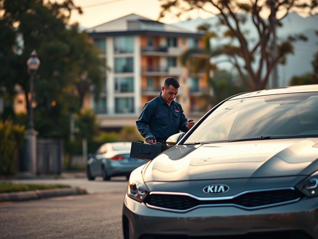 A residential street in Bogotá, Colombia. In the foreground, a Kia sedan is parked, with a technician in a uniform standing next to it, holding a toolbox. The technician is inspecting the car's battery. In the middle ground, a modern apartment building is visible, and in the background, the city skyline with mountains can be seen. The scene is bathed in warm, golden afternoon light, creating a vibrant and inviting atmosphere. The overall composition conveys a sense of professionalism and reliable automotive service provided right at the customer's doorstep. A residential street in Bogotá, Colombia. In the foreground, a Kia sedan is parked, with a technician in a uniform standing next to it, holding a toolbox. The technician is inspecting the car's battery. In the middle ground, a modern apartment building is visible, and in the background, the city skyline with mountains can be seen. The scene is bathed in warm, golden afternoon light, creating a vibrant and inviting atmosphere. The overall composition conveys a sense of professionalism and reliable automotive service provided right at the customer's doorstep.