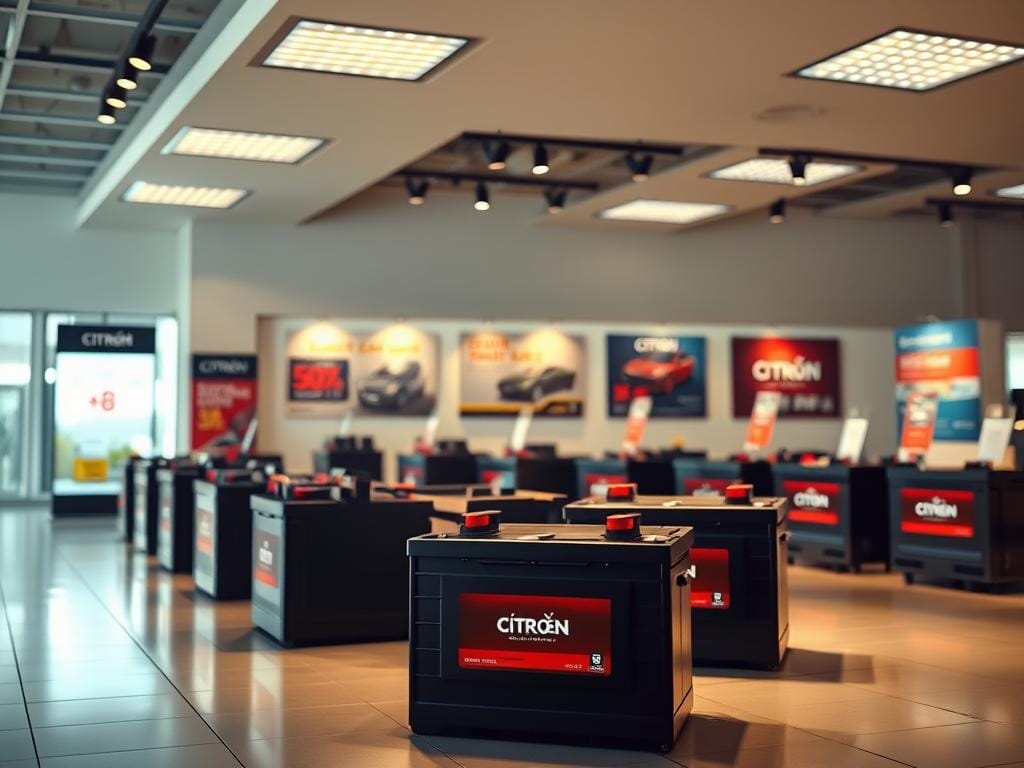 A showroom display of car batteries, evenly lit with warm, diffused lighting from above, casting subtle shadows. In the foreground, several Citroën car battery models are prominently featured, their sleek, modern designs highlighted. The midground showcases various promotional signage and price tags, conveying a sense of savings and value. The background features a clean, minimalist environment, allowing the batteries to be the focal point. The overall scene exudes a professional, high-quality atmosphere, enticing potential customers with the attractive pricing and Citroën branding. A showroom display of car batteries, evenly lit with warm, diffused lighting from above, casting subtle shadows. In the foreground, several Citroën car battery models are prominently featured, their sleek, modern designs highlighted. The midground showcases various promotional signage and price tags, conveying a sense of savings and value. The background features a clean, minimalist environment, allowing the batteries to be the focal point. The overall scene exudes a professional, high-quality atmosphere, enticing potential customers with the attractive pricing and Citroën branding.