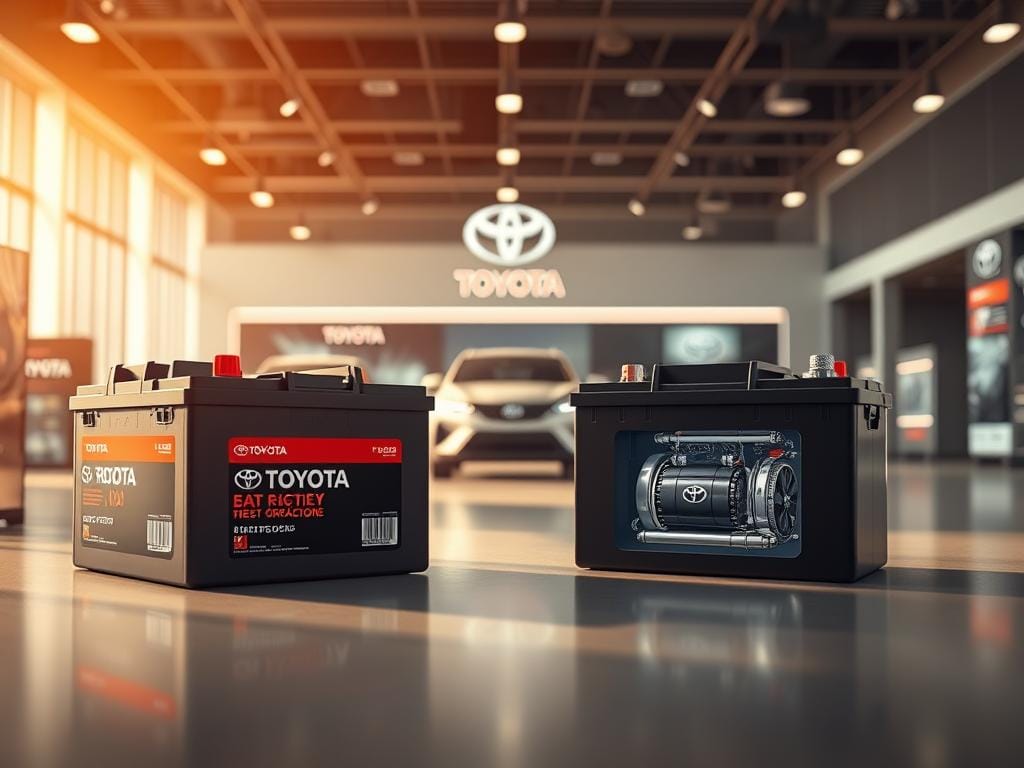 A side-by-side comparison of high-quality Toyota car batteries in a well-lit showroom setting. The foreground features three battery models, their designs and specifications prominently displayed. The middle ground showcases the batteries' internal components and construction, with cutaway views highlighting their technological features. The background depicts a sleek, modern retail environment with subtle branding elements that convey Toyota's reputation for reliability and innovation. Warm, natural lighting illuminates the scene, emphasizing the batteries' premium quality and durability. The overall atmosphere conveys a sense of authority and technical expertise, inviting the viewer to make an informed decision about the best battery for their Toyota vehicle. A side-by-side comparison of high-quality Toyota car batteries in a well-lit showroom setting. The foreground features three battery models, their designs and specifications prominently displayed. The middle ground showcases the batteries' internal components and construction, with cutaway views highlighting their technological features. The background depicts a sleek, modern retail environment with subtle branding elements that convey Toyota's reputation for reliability and innovation. Warm, natural lighting illuminates the scene, emphasizing the batteries' premium quality and durability. The overall atmosphere conveys a sense of authority and technical expertise, inviting the viewer to make an informed decision about the best battery for their Toyota vehicle.