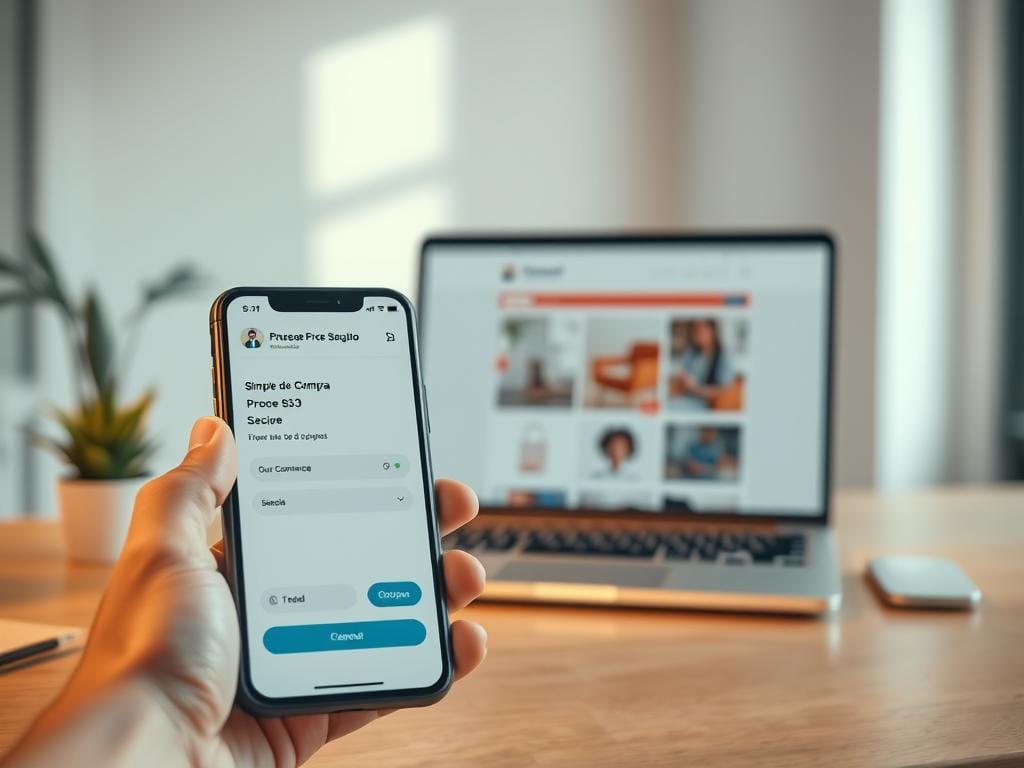 A sleek and modern online shopping experience with a secure checkout process. In the foreground, a smartphone displays a simple and intuitive purchase interface, highlighting essential information like product details, pricing, and secure payment options. The middle ground features a laptop or desktop computer, showcasing a well-designed e-commerce website with clean typography and high-quality product images. The background depicts a serene, minimalist office setting, conveying a sense of professionalism and trustworthiness. The overall scene is bathed in warm, natural lighting, creating a calming and inviting atmosphere for the online shopping journey. The image should evoke a feeling of confidence and security for the user, reflecting the "Proceso de Compra Fácil y Seguro" theme. A sleek and modern online shopping experience with a secure checkout process. In the foreground, a smartphone displays a simple and intuitive purchase interface, highlighting essential information like product details, pricing, and secure payment options. The middle ground features a laptop or desktop computer, showcasing a well-designed e-commerce website with clean typography and high-quality product images. The background depicts a serene, minimalist office setting, conveying a sense of professionalism and trustworthiness. The overall scene is bathed in warm, natural lighting, creating a calming and inviting atmosphere for the online shopping journey. The image should evoke a feeling of confidence and security for the user, reflecting the "Proceso de Compra Fácil y Seguro" theme.