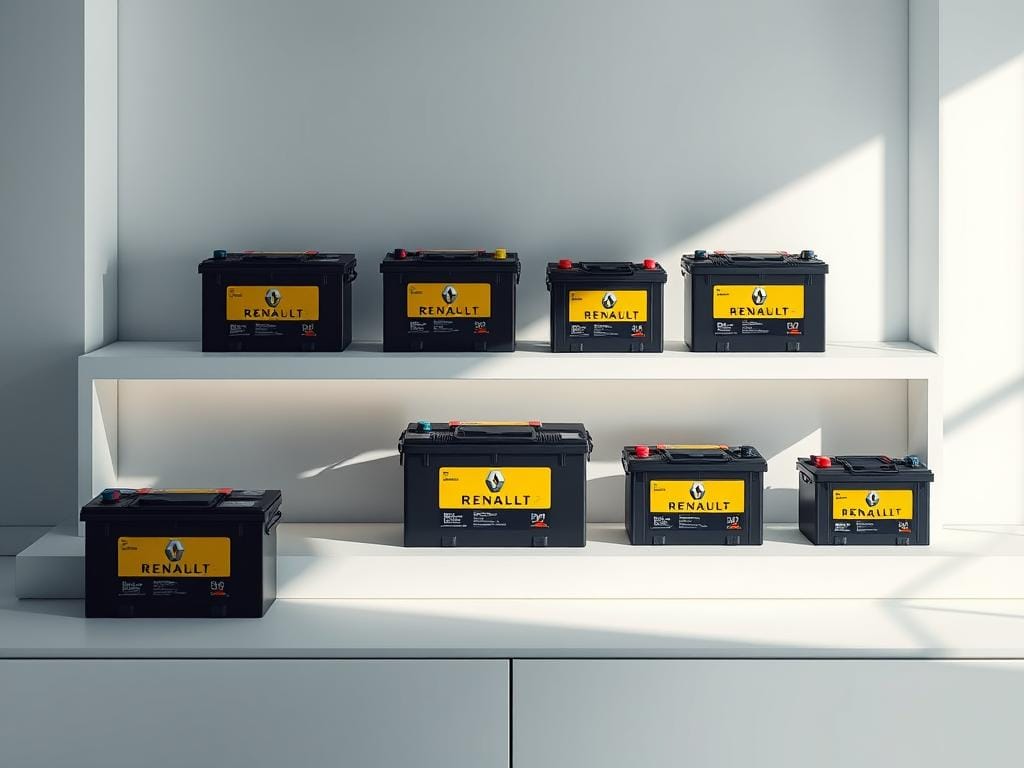 A sleek and well-lit display of a selection of Renault car batteries, arranged on a clean, minimalist table or shelf. The batteries are shown from various angles, highlighting their design, construction, and key specifications. The scene conveys a sense of professionalism and expertise, showcasing the high-quality Renault-branded batteries as the optimal choice for Renault vehicle owners. Soft, directional lighting casts subtle shadows, emphasizing the batteries' curves and textures. The overall composition is balanced and visually appealing, creating a strong impression of the thoughtful selection process for the best Renault battery. A sleek and well-lit display of a selection of Renault car batteries, arranged on a clean, minimalist table or shelf. The batteries are shown from various angles, highlighting their design, construction, and key specifications. The scene conveys a sense of professionalism and expertise, showcasing the high-quality Renault-branded batteries as the optimal choice for Renault vehicle owners. Soft, directional lighting casts subtle shadows, emphasizing the batteries' curves and textures. The overall composition is balanced and visually appealing, creating a strong impression of the thoughtful selection process for the best Renault battery.