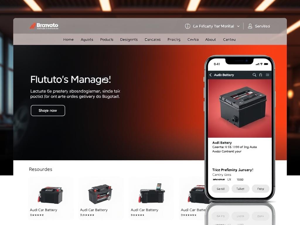A sleek, modern online shopping interface showcases a selection of premium auto parts. Crisp product images and intuitive navigation guide the user through a seamless purchasing process. Warm lighting accentuates the high-quality materials and finishes of the featured Audi car batteries, while clean, minimalist design elements create a sophisticated, user-friendly experience. The layout is optimized for mobile devices, allowing for quick, on-the-go orders with fast delivery to Bogotá. An atmosphere of efficiency, reliability, and premium quality permeates the entire shopping journey. A sleek, modern online shopping interface showcases a selection of premium auto parts. Crisp product images and intuitive navigation guide the user through a seamless purchasing process. Warm lighting accentuates the high-quality materials and finishes of the featured Audi car batteries, while clean, minimalist design elements create a sophisticated, user-friendly experience. The layout is optimized for mobile devices, allowing for quick, on-the-go orders with fast delivery to Bogotá. An atmosphere of efficiency, reliability, and premium quality permeates the entire shopping journey.