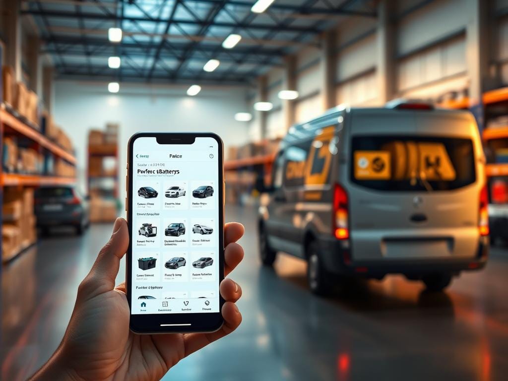 A sleek online shopping experience showcasing a wide array of car batteries. In the foreground, a smartphone displays a responsive e-commerce platform, allowing the user to effortlessly browse, select, and purchase the perfect battery for their Volvo. The middle ground features a neatly organized stockroom, illuminated by warm, ambient lighting, conveying a sense of efficiency and professionalism. In the background, a delivery van waits, ready to transport the selected battery to the customer's doorstep in Bogotá, emphasizing the convenience of the service. The overall scene exudes a modern, streamlined aesthetic, reflecting the seamless and reliable nature of the online battery purchasing process.