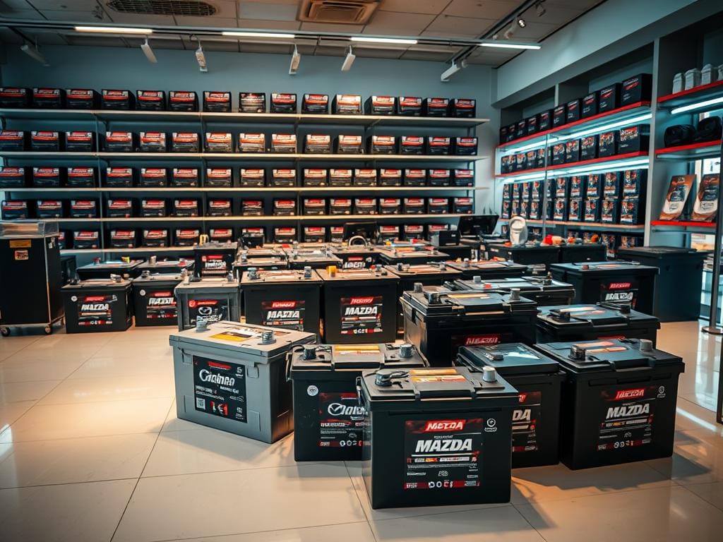 A vibrant display of car batteries, neatly arranged on a clean, modern showroom floor. Soft lighting casts a warm glow, highlighting the sleek designs and bold brand names. In the foreground, several batteries stand out, their metallic casings gleaming under the carefully curated illumination. The middle ground features a diverse selection, showcasing a range of sizes and capacities to meet the needs of various vehicle models. In the background, shelves filled with additional inventory create a sense of abundance and choice. The overall atmosphere exudes professionalism, quality, and the promise of exclusive, money-saving offers for the discerning Mazda car owner in Bogotá. A vibrant display of car batteries, neatly arranged on a clean, modern showroom floor. Soft lighting casts a warm glow, highlighting the sleek designs and bold brand names. In the foreground, several batteries stand out, their metallic casings gleaming under the carefully curated illumination. The middle ground features a diverse selection, showcasing a range of sizes and capacities to meet the needs of various vehicle models. In the background, shelves filled with additional inventory create a sense of abundance and choice. The overall atmosphere exudes professionalism, quality, and the promise of exclusive, money-saving offers for the discerning Mazda car owner in Bogotá.