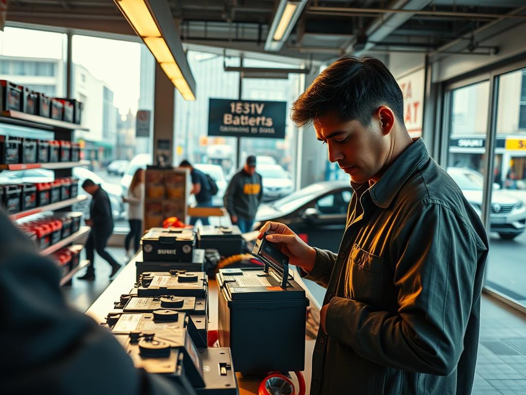 A vibrant, photorealistic scene of the battery purchasing process for a Suzuki car in Bogotá. In the foreground, a person examines a new car battery, scrutinizing its specifications and condition. Midground, a well-stocked auto parts store counter, with shelves displaying various battery models. Bright, warm lighting from overhead illuminates the scene, casting subtle shadows. In the background, the bustling streets of Bogotá are visible through large windows, with pedestrians and other vehicles passing by. The atmosphere conveys a sense of diligent professionalism and attention to detail in the battery selection and purchasing workflow. A vibrant, photorealistic scene of the battery purchasing process for a Suzuki car in Bogotá. In the foreground, a person examines a new car battery, scrutinizing its specifications and condition. Midground, a well-stocked auto parts store counter, with shelves displaying various battery models. Bright, warm lighting from overhead illuminates the scene, casting subtle shadows. In the background, the bustling streets of Bogotá are visible through large windows, with pedestrians and other vehicles passing by. The atmosphere conveys a sense of diligent professionalism and attention to detail in the battery selection and purchasing workflow.