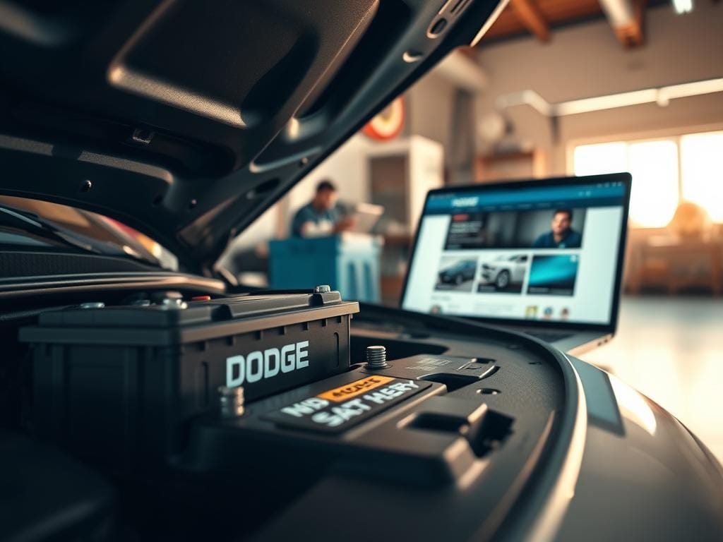 A visually striking and realistic image of the advantages of buying car batteries online. In the foreground, a Dodge vehicle's battery compartment is opened, revealing a high-quality battery with clear branding. The middle ground showcases a laptop or tablet displaying an e-commerce website, highlighting the convenience and ease of online battery purchasing. The background depicts a well-lit, modern home garage or workshop setting, conveying the comfort and efficiency of the online shopping experience. The image should be captured with a shallow depth of field, emphasizing the battery and digital device while subtly blurring the background. Warm, natural lighting should create a welcoming atmosphere, reflecting the advantages of the online battery buying process. A visually striking and realistic image of the advantages of buying car batteries online. In the foreground, a Dodge vehicle's battery compartment is opened, revealing a high-quality battery with clear branding. The middle ground showcases a laptop or tablet displaying an e-commerce website, highlighting the convenience and ease of online battery purchasing. The background depicts a well-lit, modern home garage or workshop setting, conveying the comfort and efficiency of the online shopping experience. The image should be captured with a shallow depth of field, emphasizing the battery and digital device while subtly blurring the background. Warm, natural lighting should create a welcoming atmosphere, reflecting the advantages of the online battery buying process.